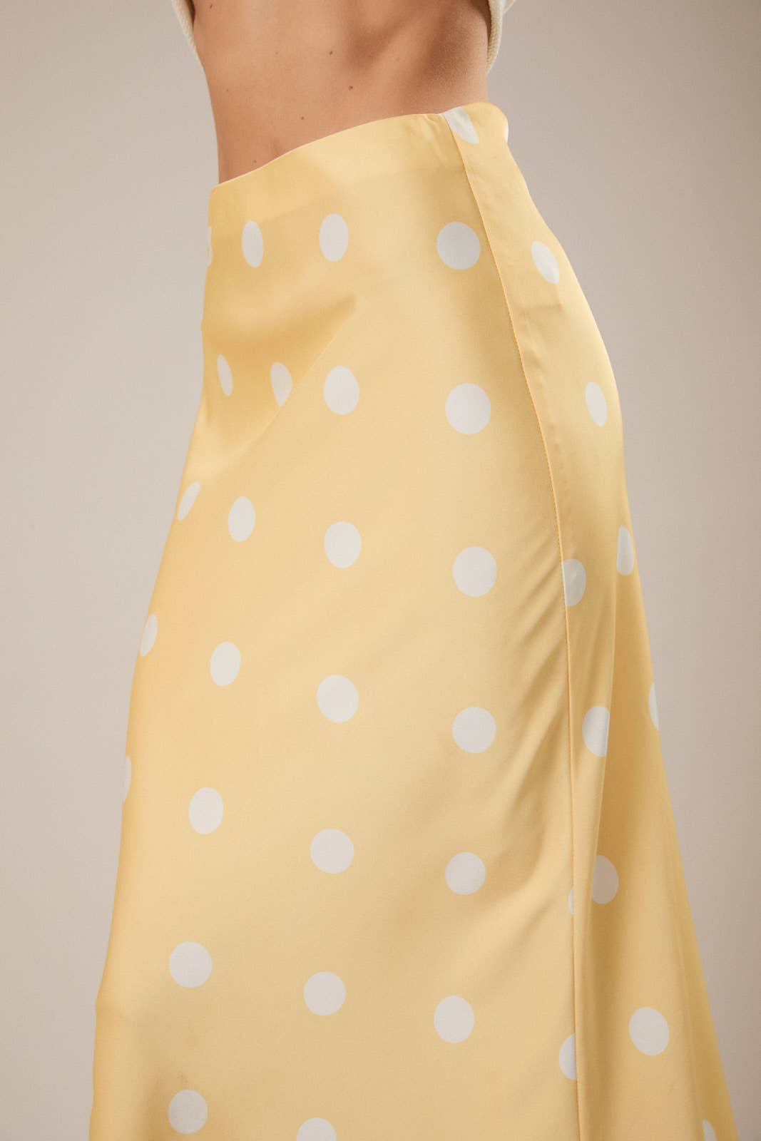 Polka Dot Satin Elastic Waist Midi Skirt