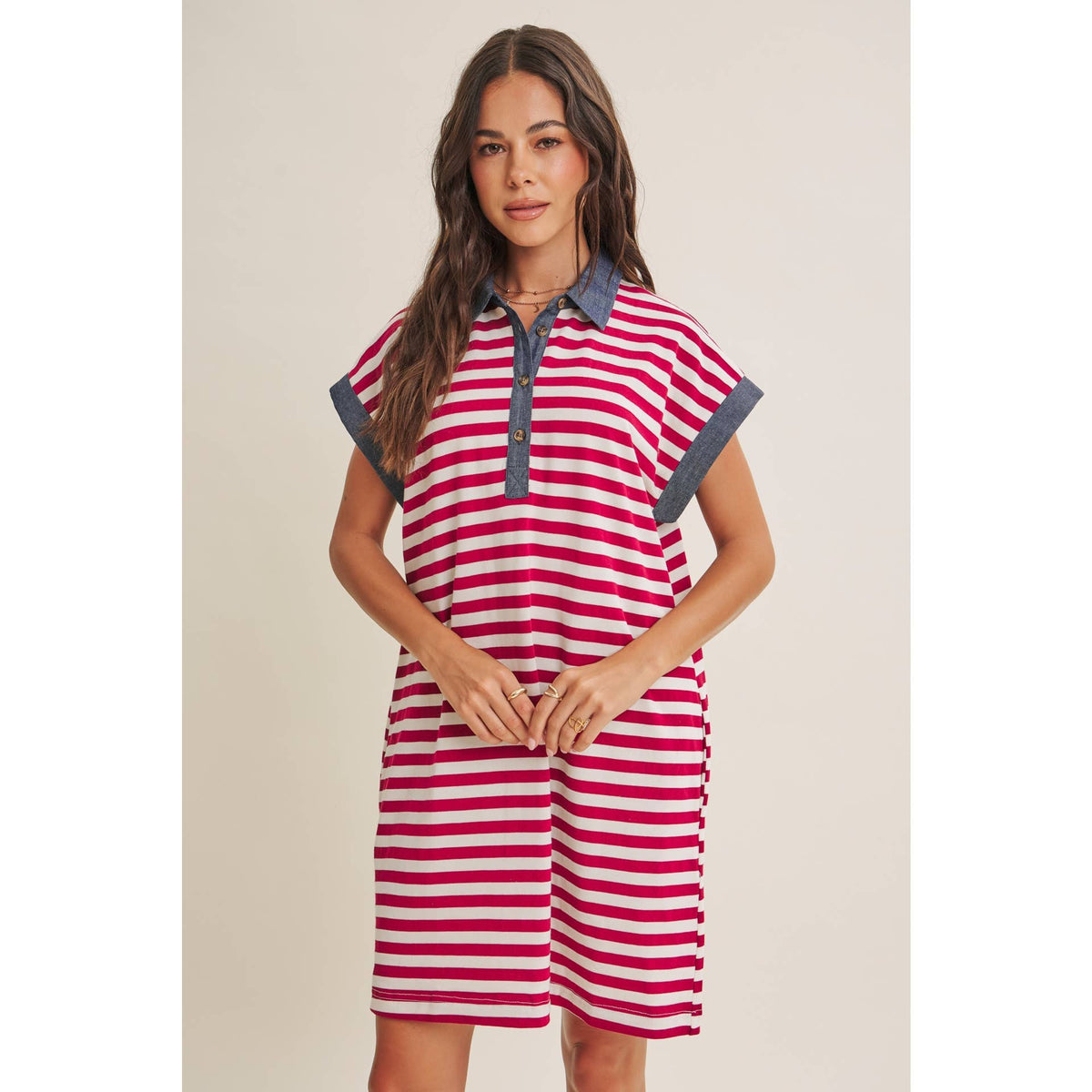 STRIPE COTTON POLO MINI DRESS WITH DENIM CONTRAST