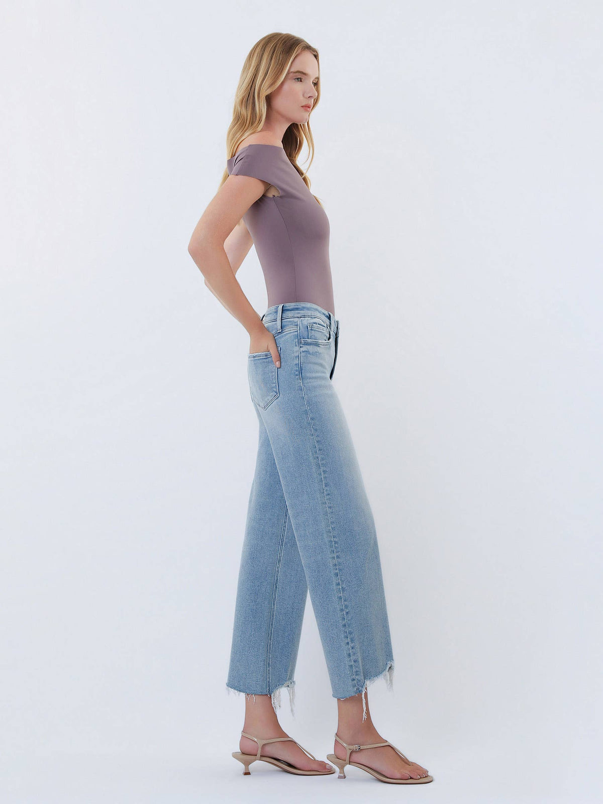 HIGH RISE DISTRESSED HEM CROP WIDE LEG JEANS T7303