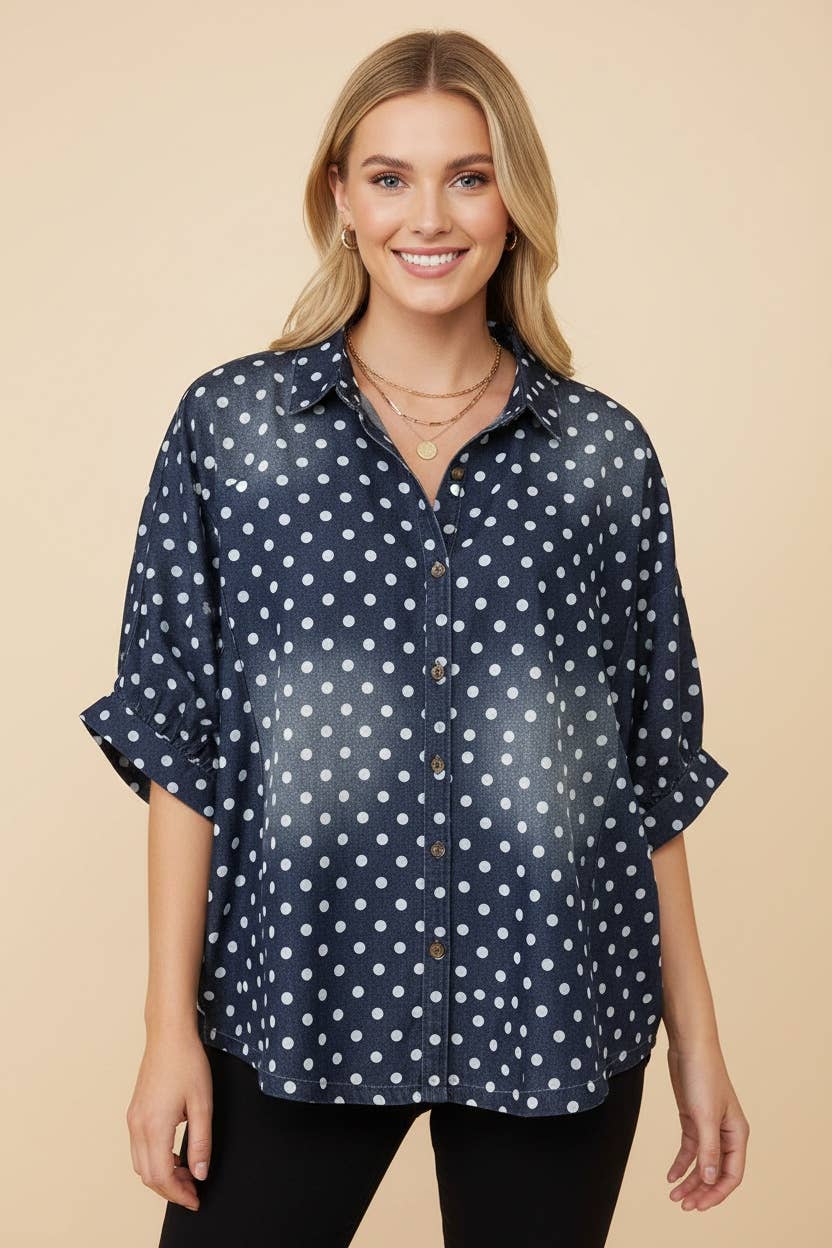 HT20346 2ND CUT Polka Dot Button Front Denim Shirt