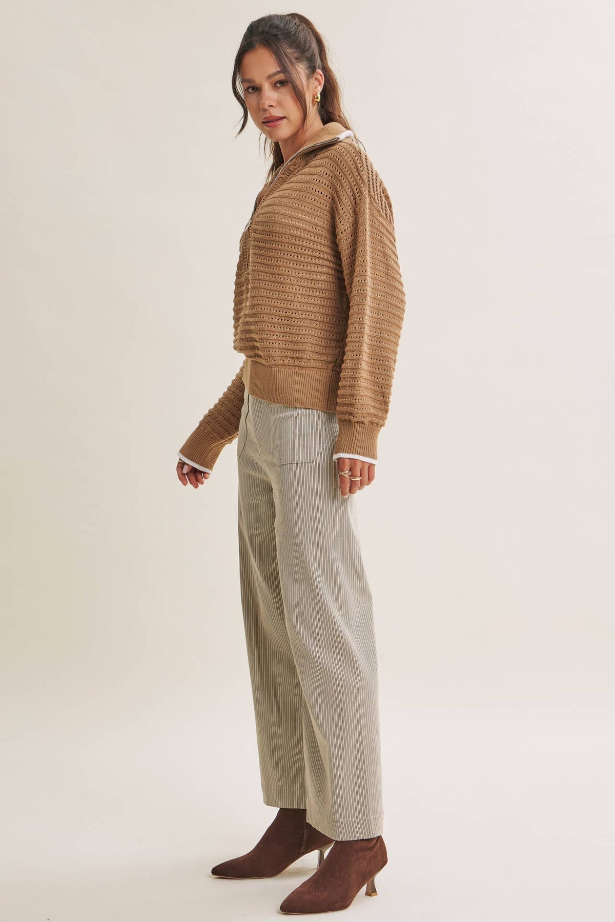 MOUNTAIN AIR CROCHET TEXTURE HALF-ZIP COTTON BLEND SWEATER