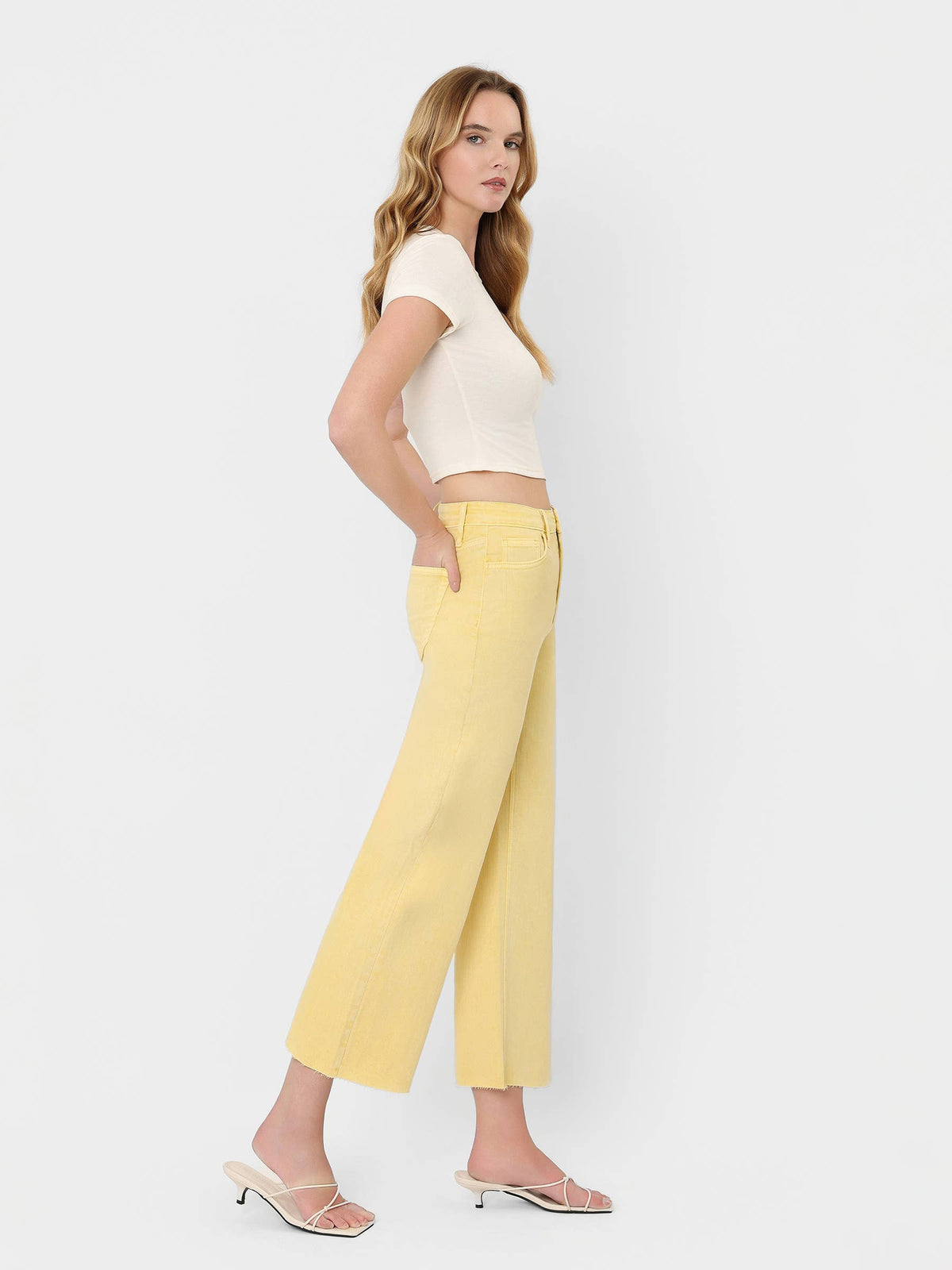 HIGH RISE BABY YELLOW COLOR CROP WIDE LEG JEANS T5894BYL