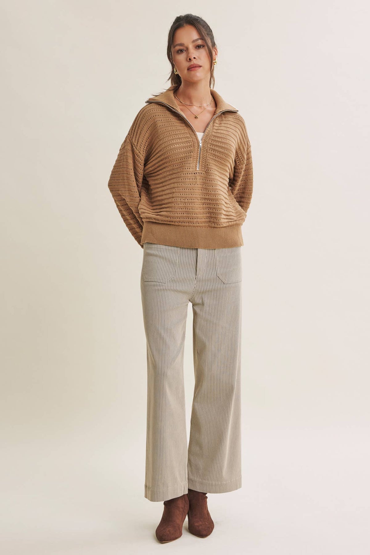MOUNTAIN AIR CROCHET TEXTURE HALF-ZIP COTTON BLEND SWEATER