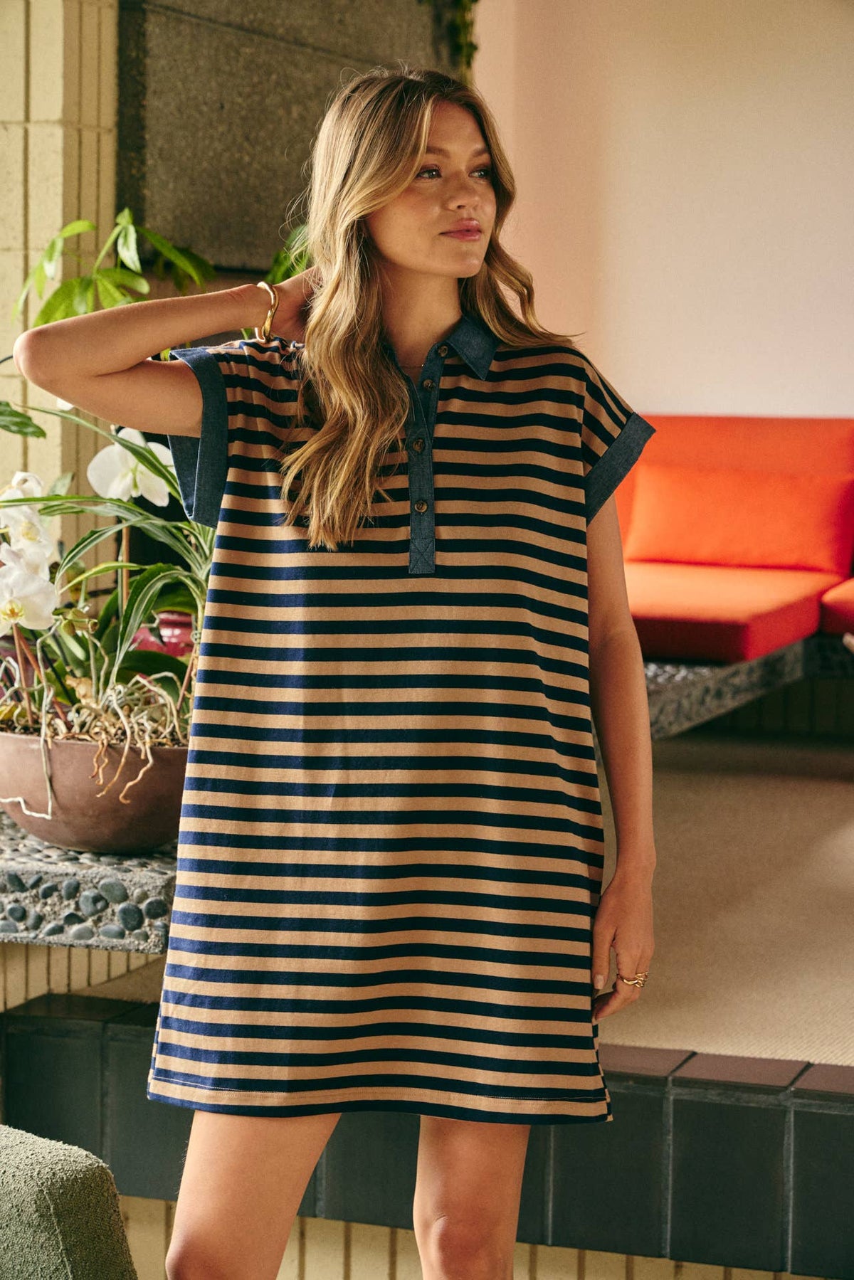 STRIPE COTTON POLO MINI DRESS WITH DENIM CONTRAST