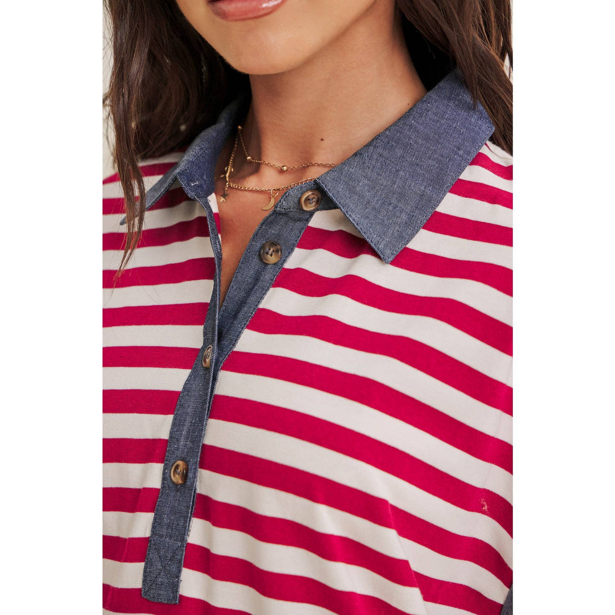 STRIPE COTTON POLO MINI DRESS WITH DENIM CONTRAST