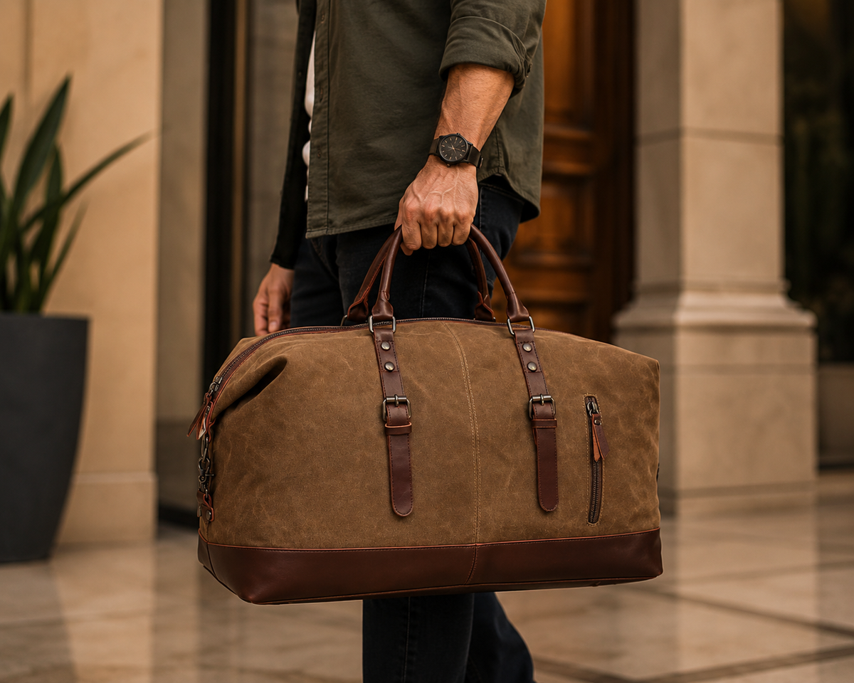 Vintage Waxed Canvas Leather Duffel Weekender Bag