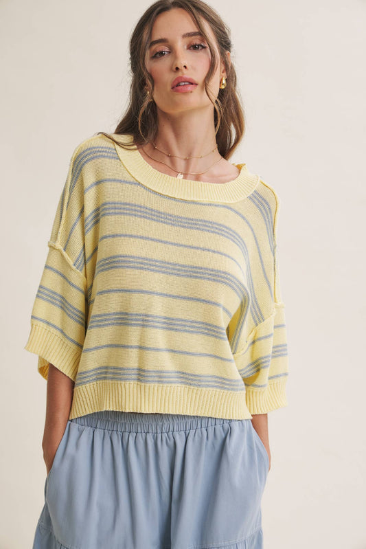 SUNLIT BOARDWALK LINEN COTTON BOXY STRIPE SWEATER