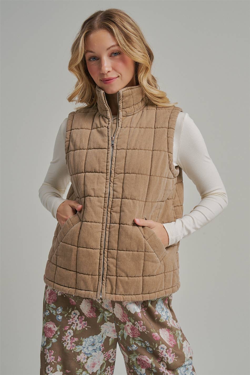 VINTAGE WASHED QUILTED PUFFER VEST STAND COLLAR_JLT00330-01