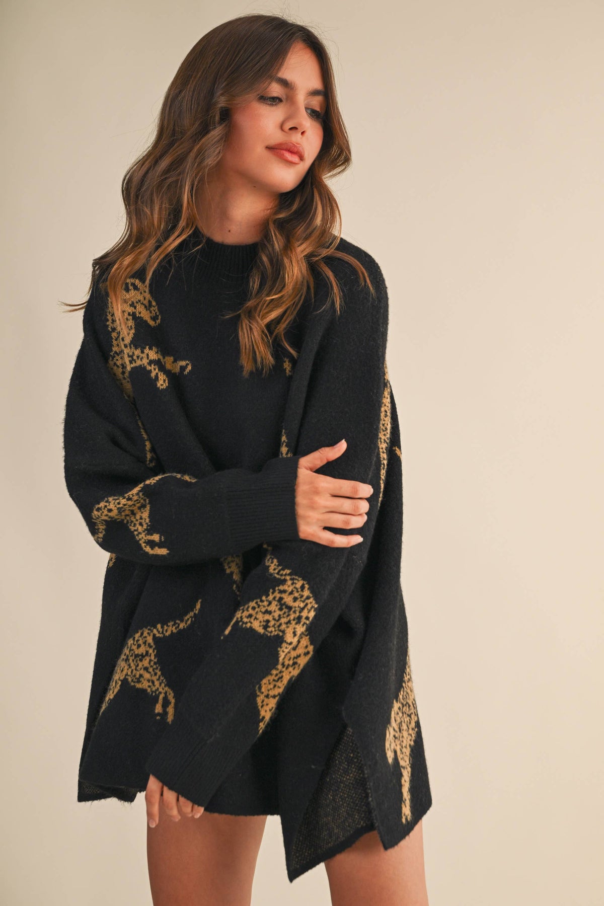 IT4416 CHEETAH PRINT OVERSIZED MOCK NECK SWEATER TOP