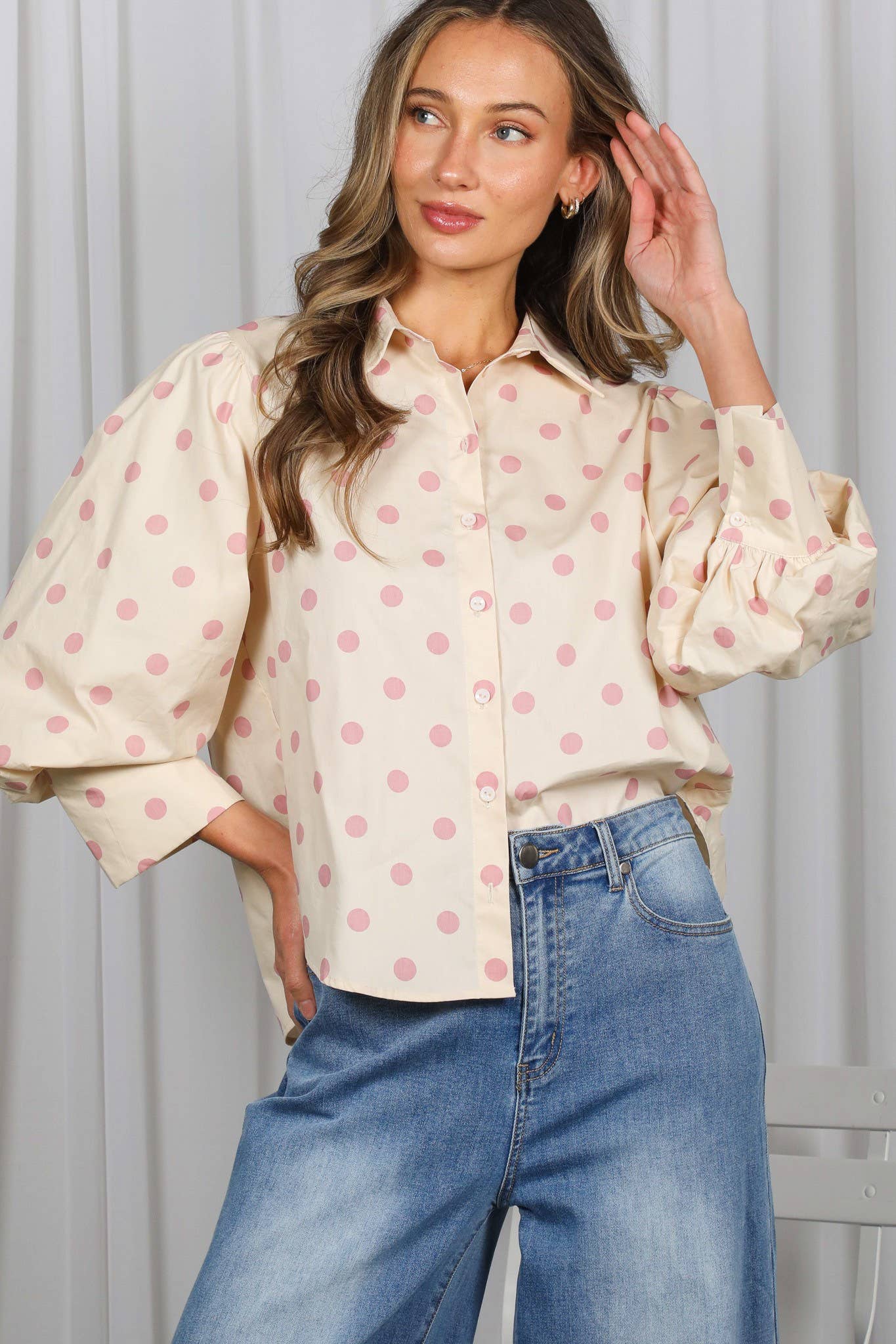 Playful Polka Dot 100%Cotton Puff Sleeve Shirt Top VT83244A