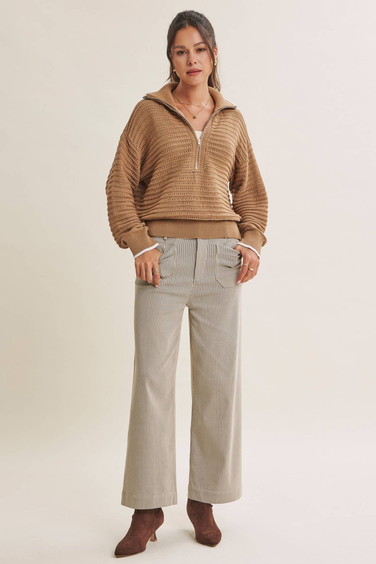 MOUNTAIN AIR CROCHET TEXTURE HALF-ZIP COTTON BLEND SWEATER
