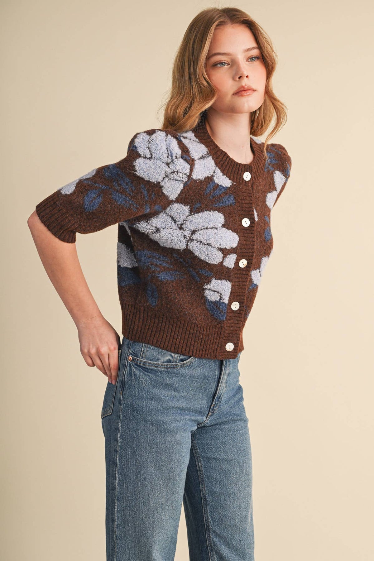 FLORAL KNIT SHORT PUFF SLEEVE SWEATER CARDIGAN MSW11393