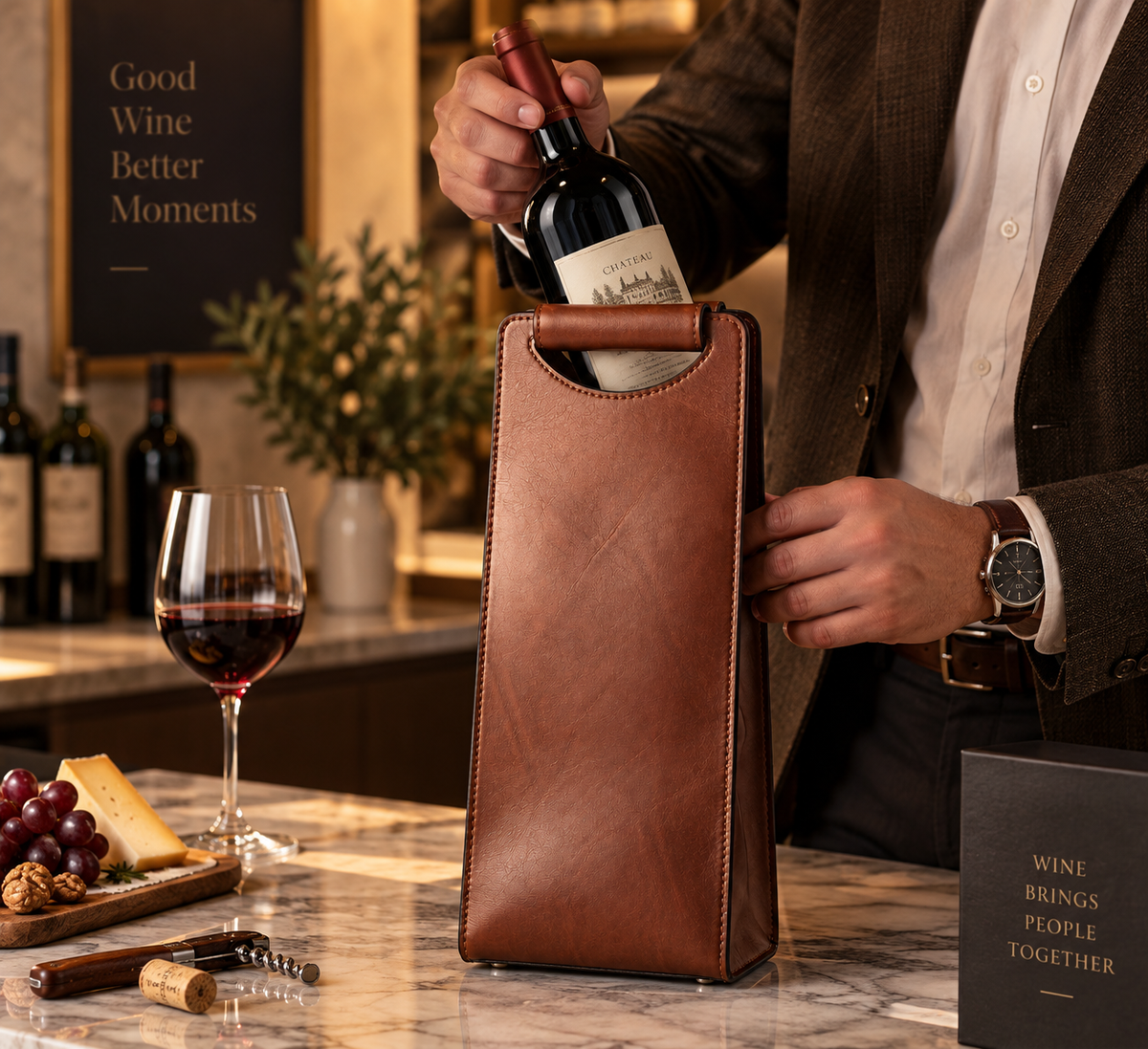 Leather Wine Bottle Holder – Brown Single Bottle Wine Carrie