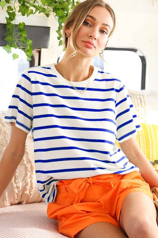 Striped Cotton Crew Neck Short-Sleeve Knit Top VT81439