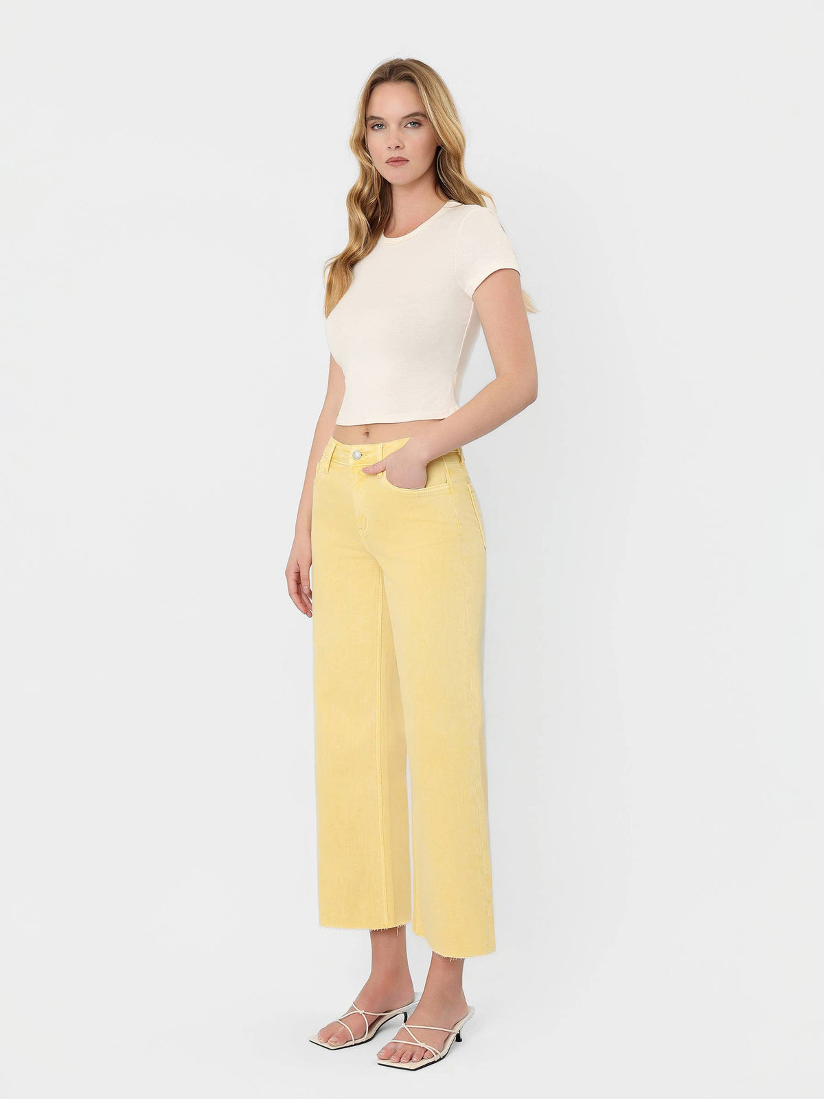 HIGH RISE BABY YELLOW COLOR CROP WIDE LEG JEANS T5894BYL