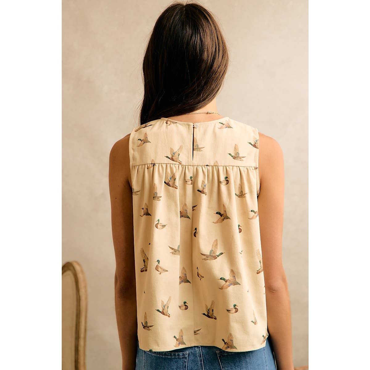 MALLARD DUCK PRINT COTTON TWILL WASH SHIRRED TANK TOP