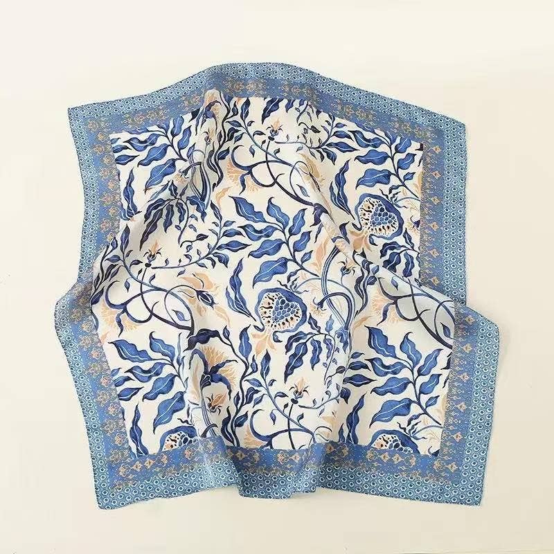 Blue Botanical Leaf Print Square Scarf | 40SC762
