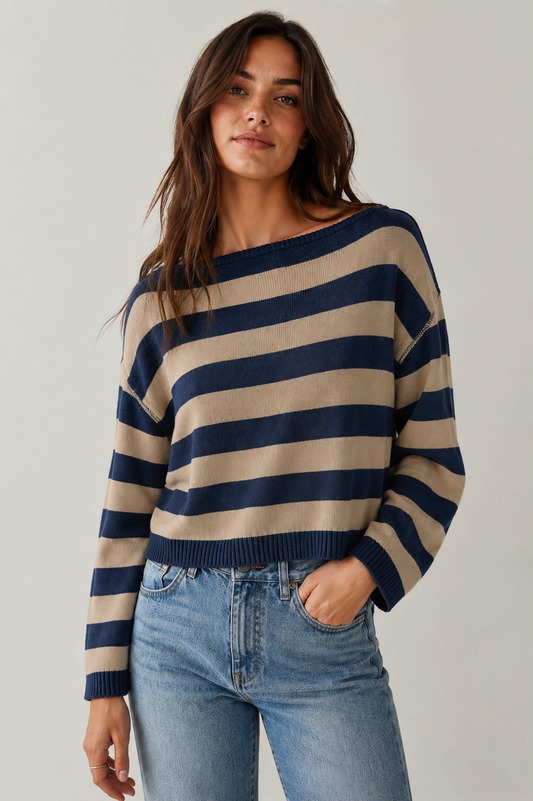 3251IK Boat Neck Yarn Dye Stripe Lightweight Sweater