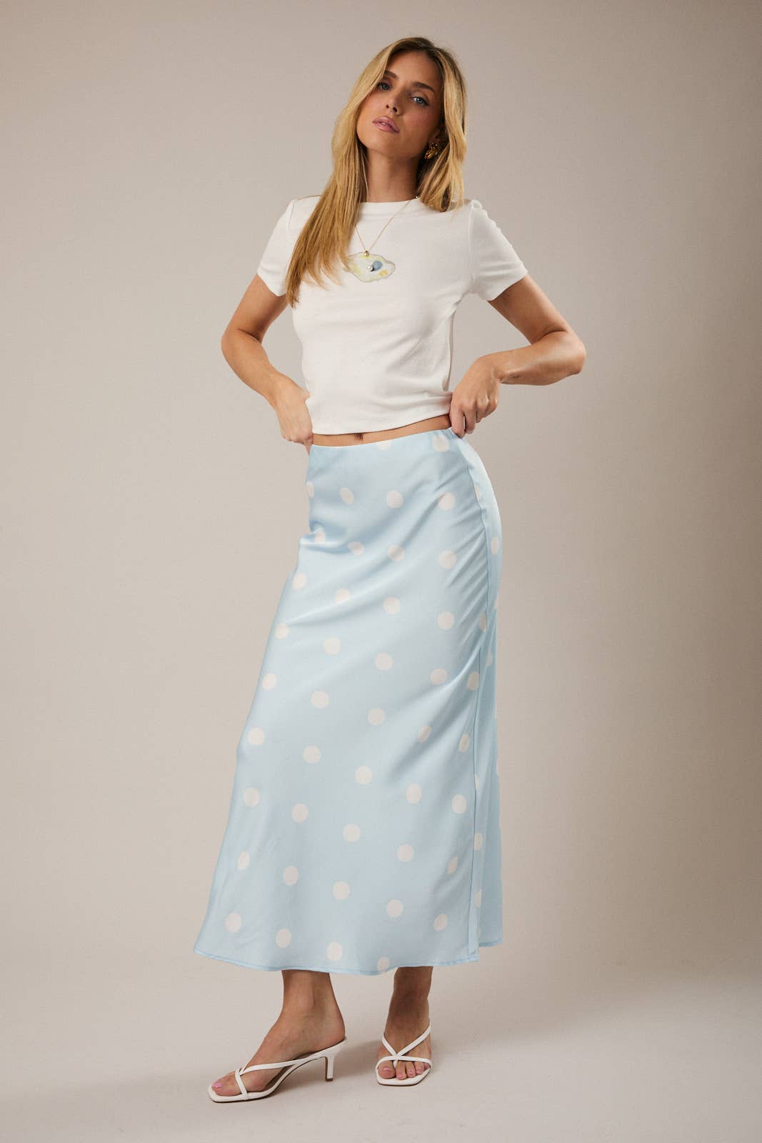 Polka Dot Satin Elastic Waist Midi Skirt
