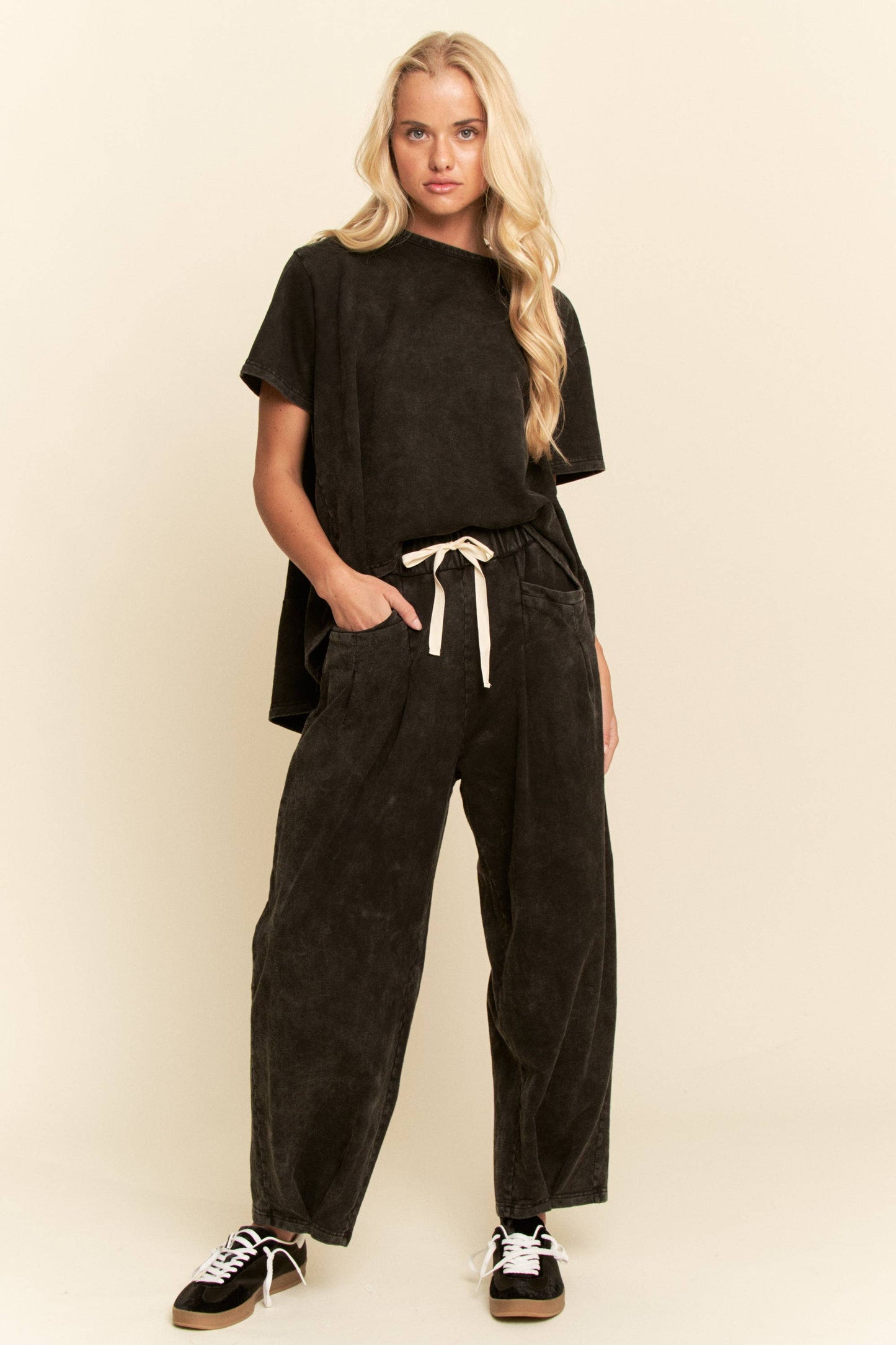 Garment-Wash Pleated Top & Pants Set