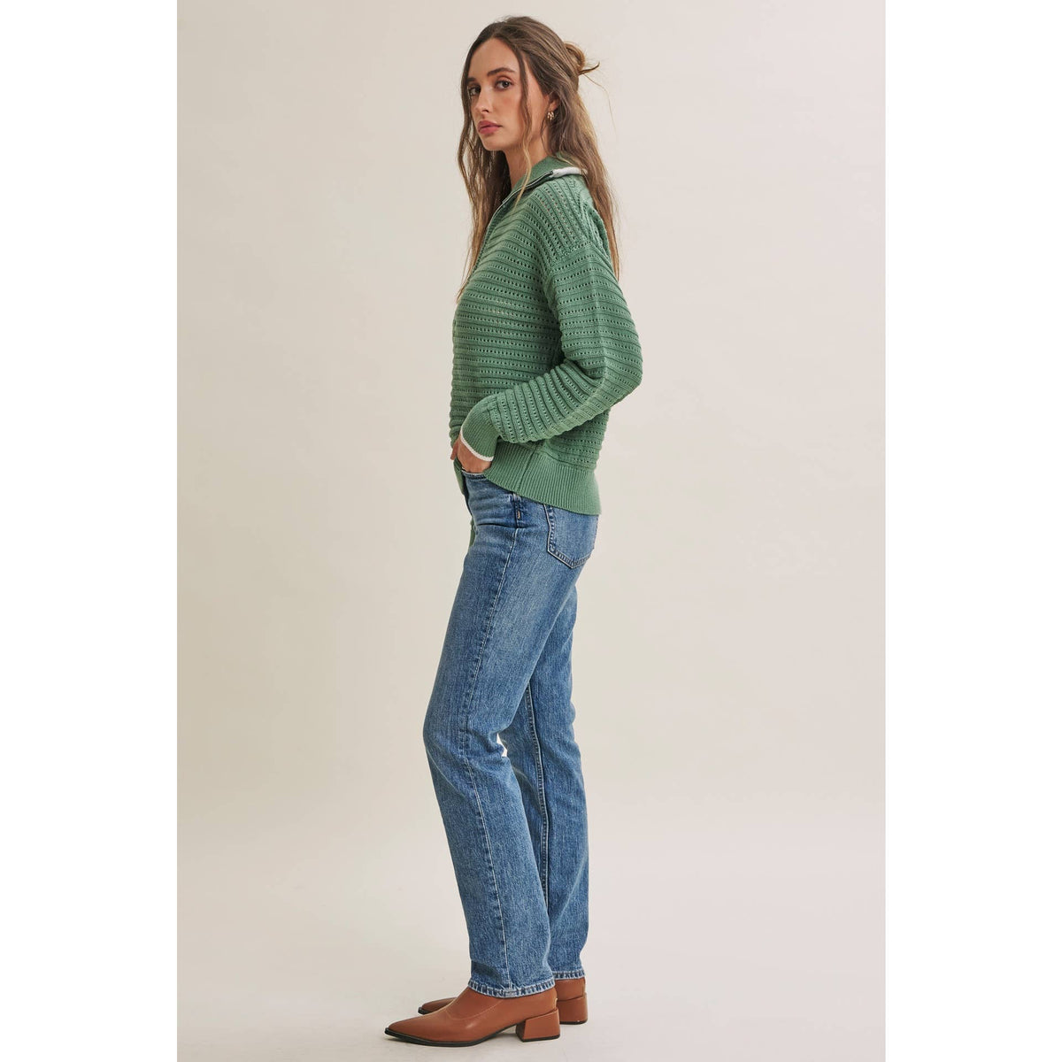 MOUNTAIN AIR CROCHET TEXTURE HALF-ZIP COTTON BLEND SWEATER