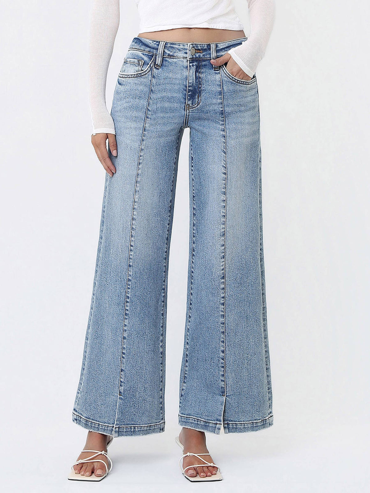 MID RISE SEAM DETAIL W FRONT SLIT HEM WIDE JEANS T7225
