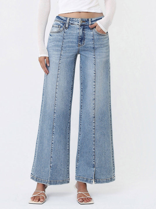 MID RISE SEAM DETAIL W FRONT SLIT HEM WIDE JEANS T7225