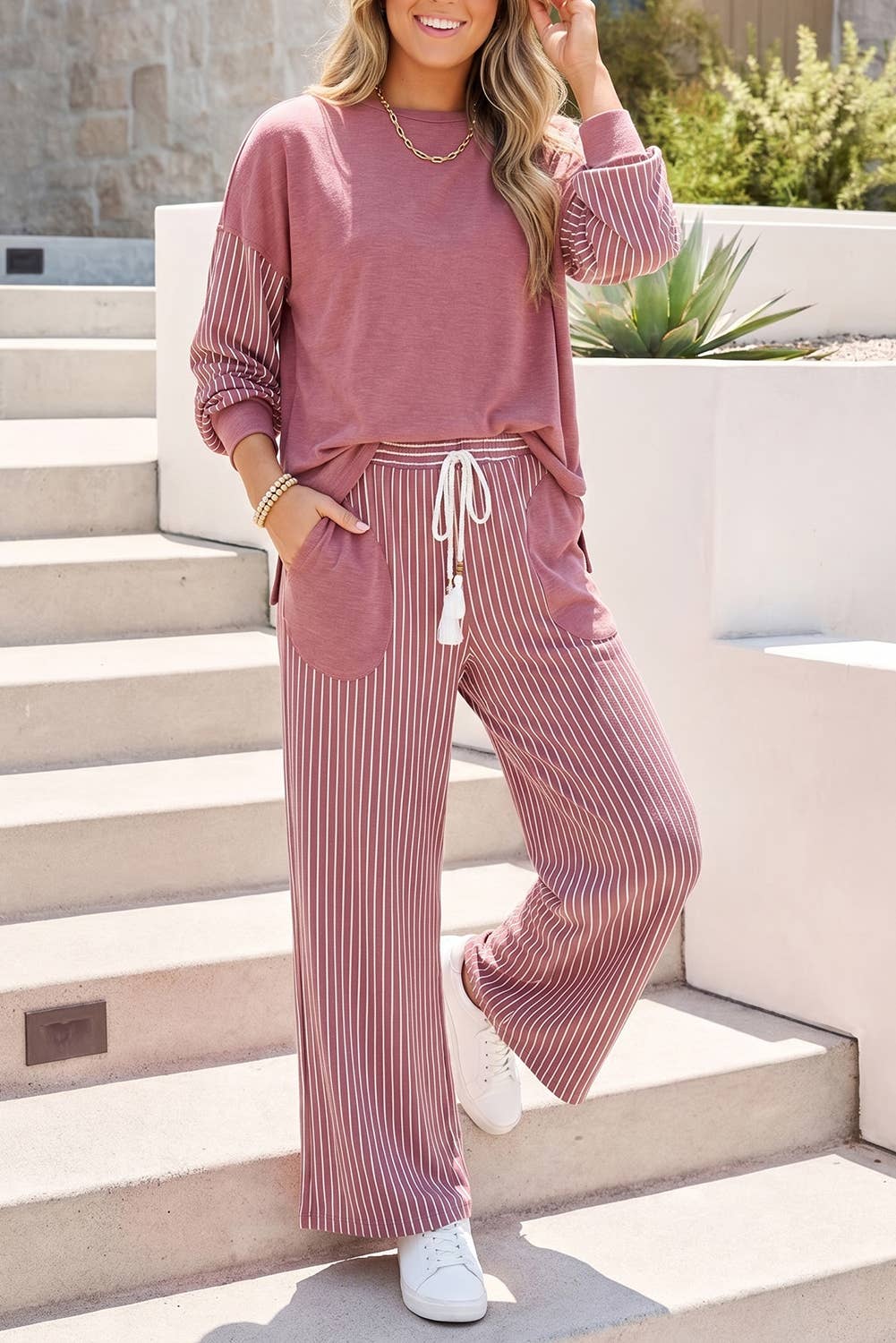 Stripe Patchwork Long Sleeve Top Pocket Pants 2pcs Set