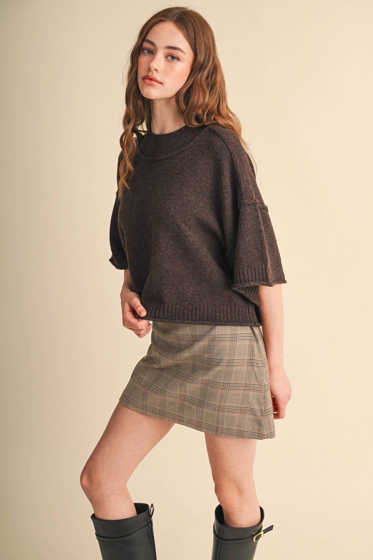 MARLED KNIT MOCK NECK SHORT SLEEVE SWEATER MSW11178