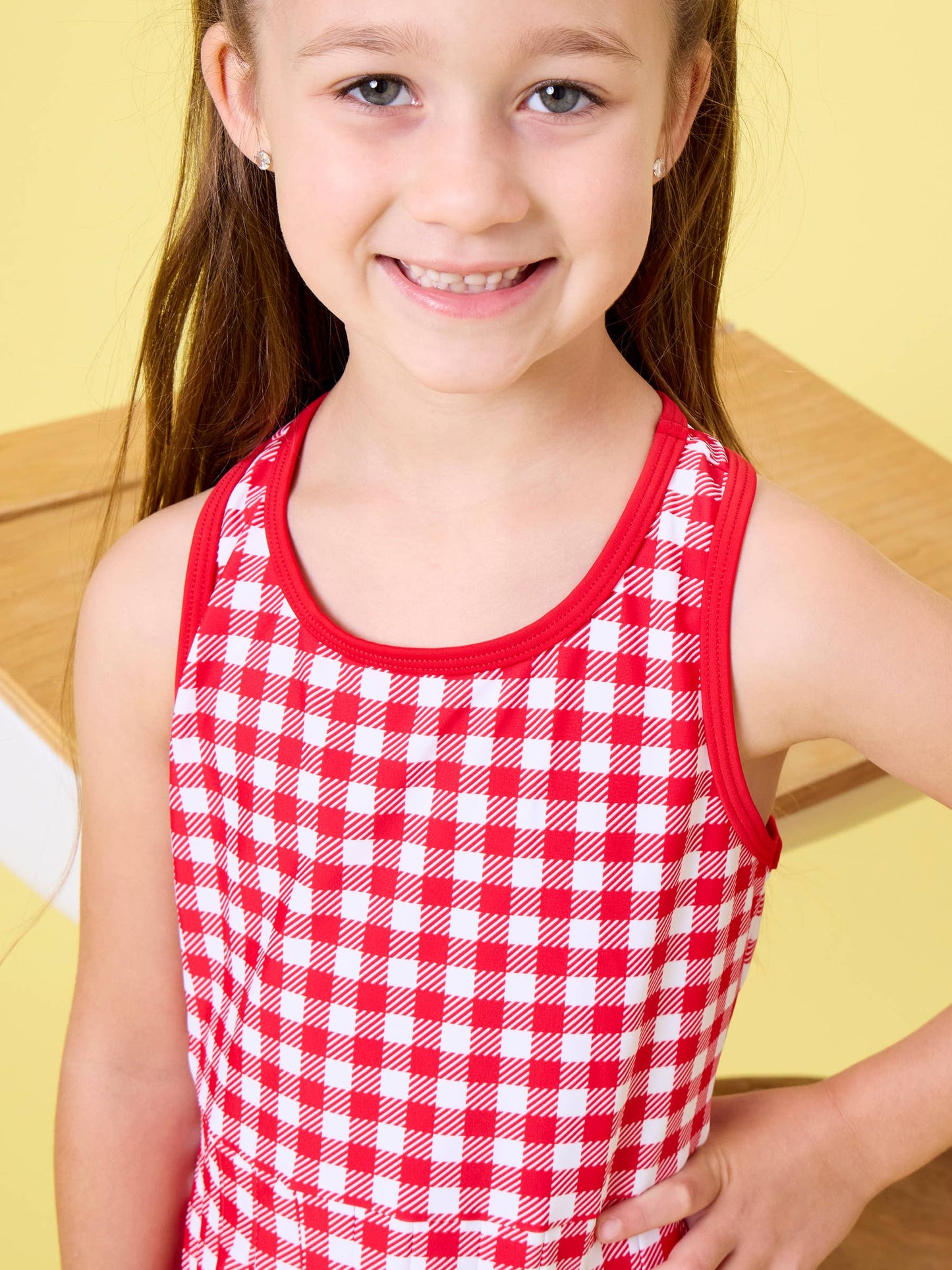 Girls Red Gingham Pleated Skirt Active Dress & Bike Short Set