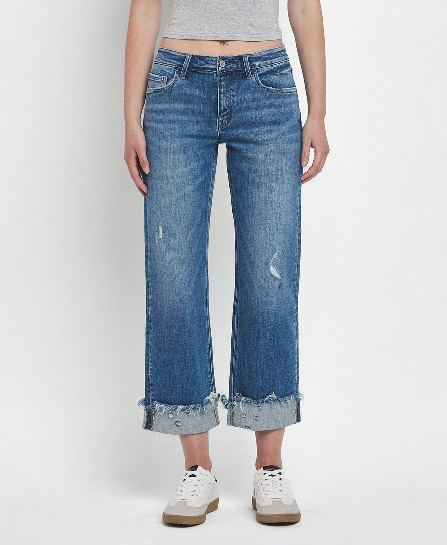MID RISE RAW CUFFED HEM SLIM WIDE JEANS F5861