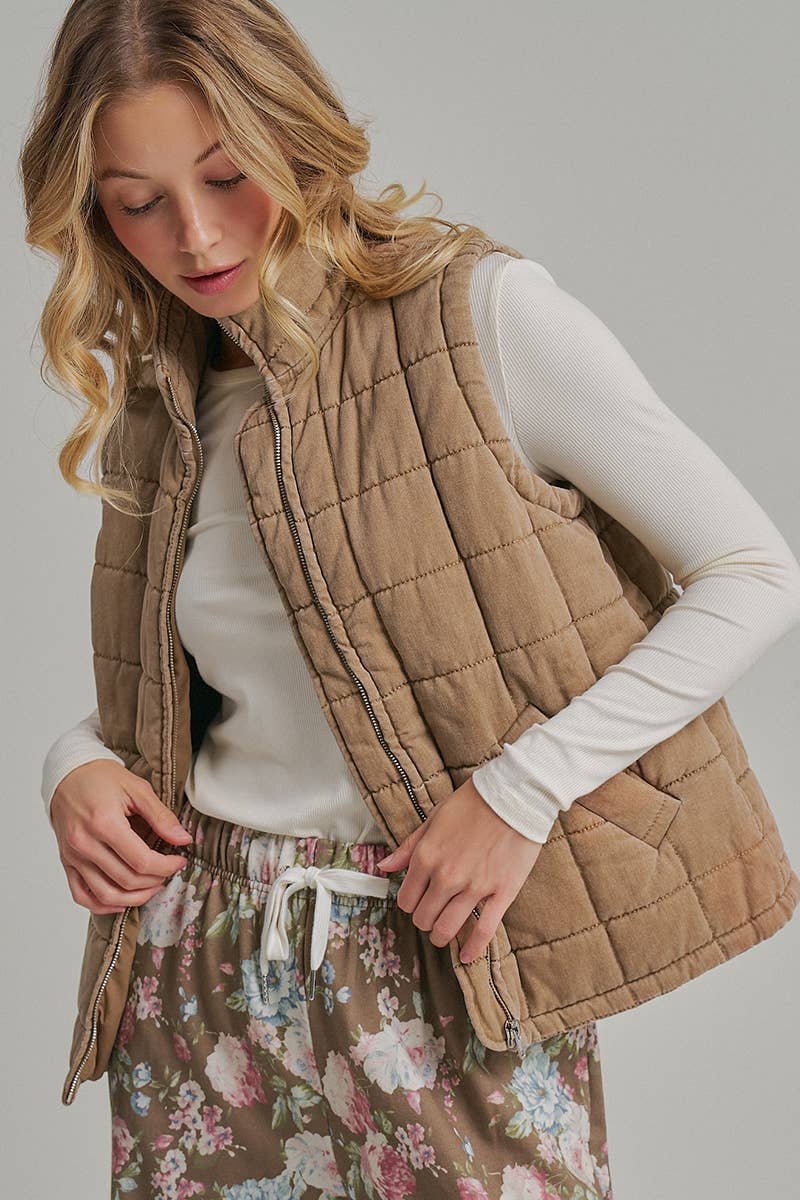 VINTAGE WASHED QUILTED PUFFER VEST STAND COLLAR_JLT00330-01