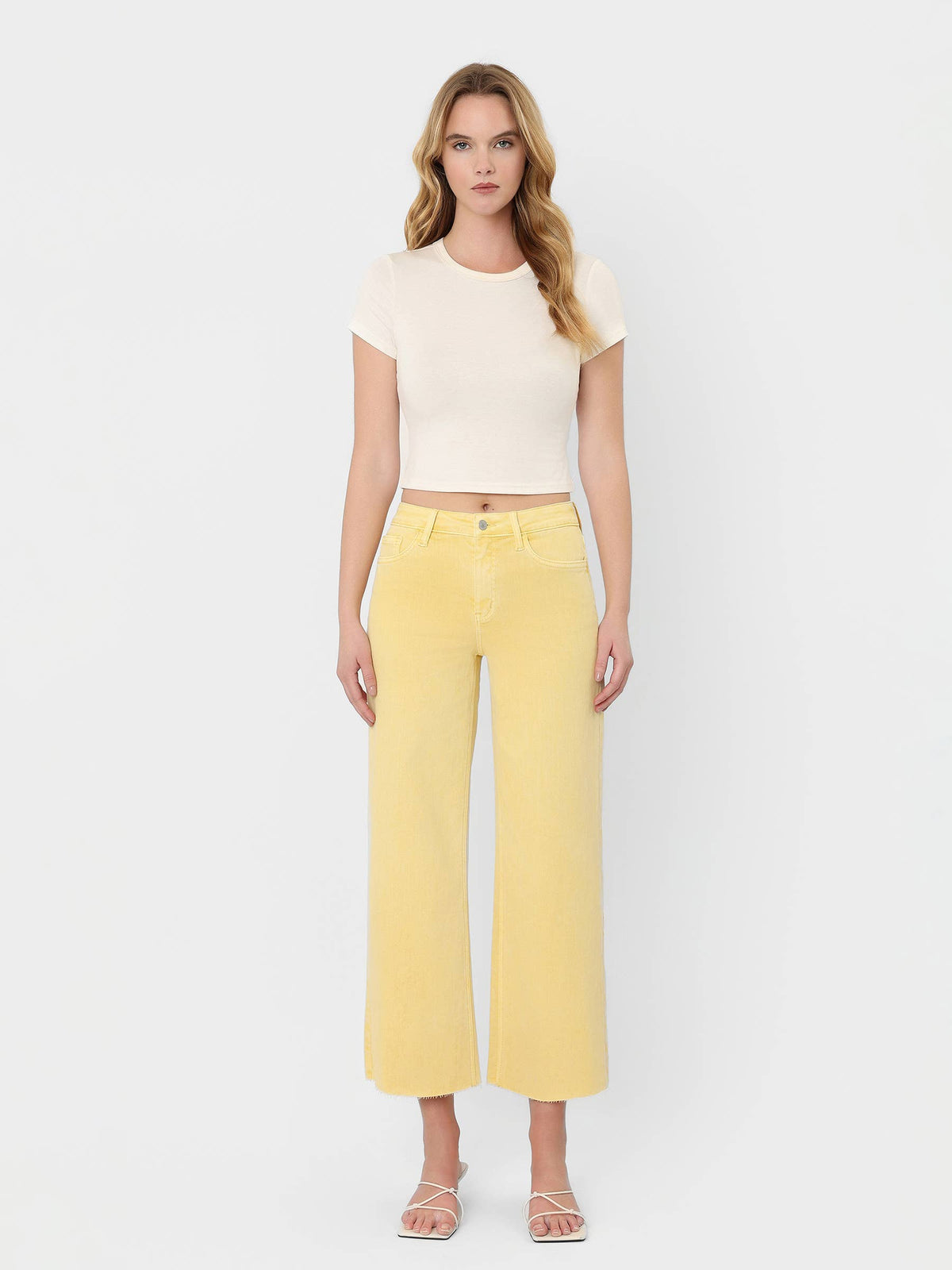 HIGH RISE BABY YELLOW COLOR CROP WIDE LEG JEANS T5894BYL