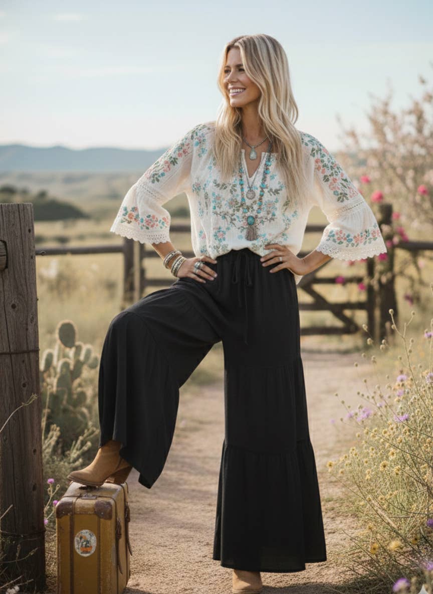 Linen Blend Tiered Wide Leg Palazzo Full Length Pants