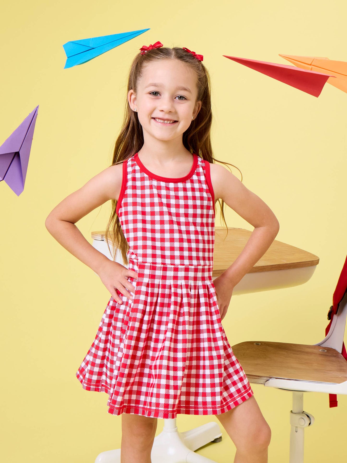 Girls Red Gingham Pleated Skirt Active Dress & Bike Short Set
