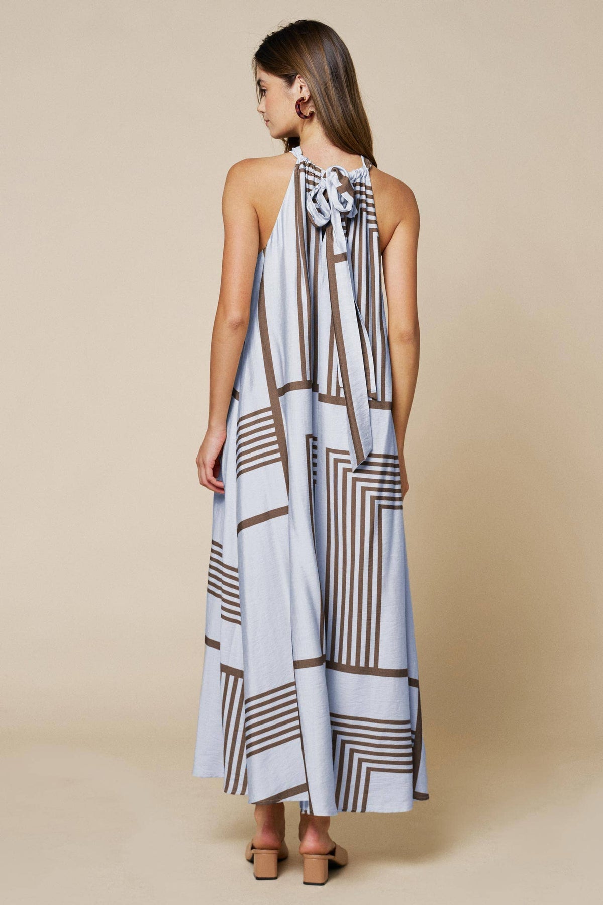 Geo Print Front Tie Keyhole Halter Maxi Dress