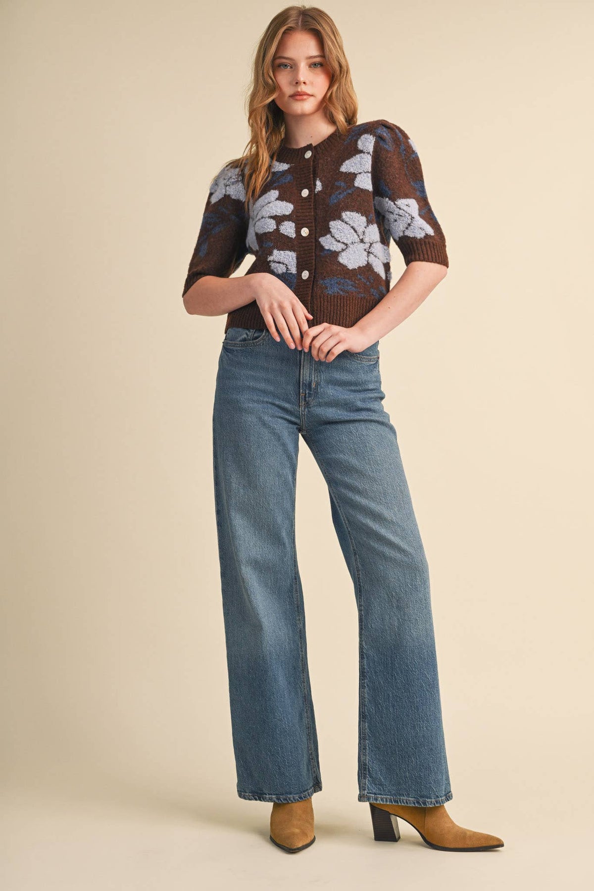 FLORAL KNIT SHORT PUFF SLEEVE SWEATER CARDIGAN MSW11393