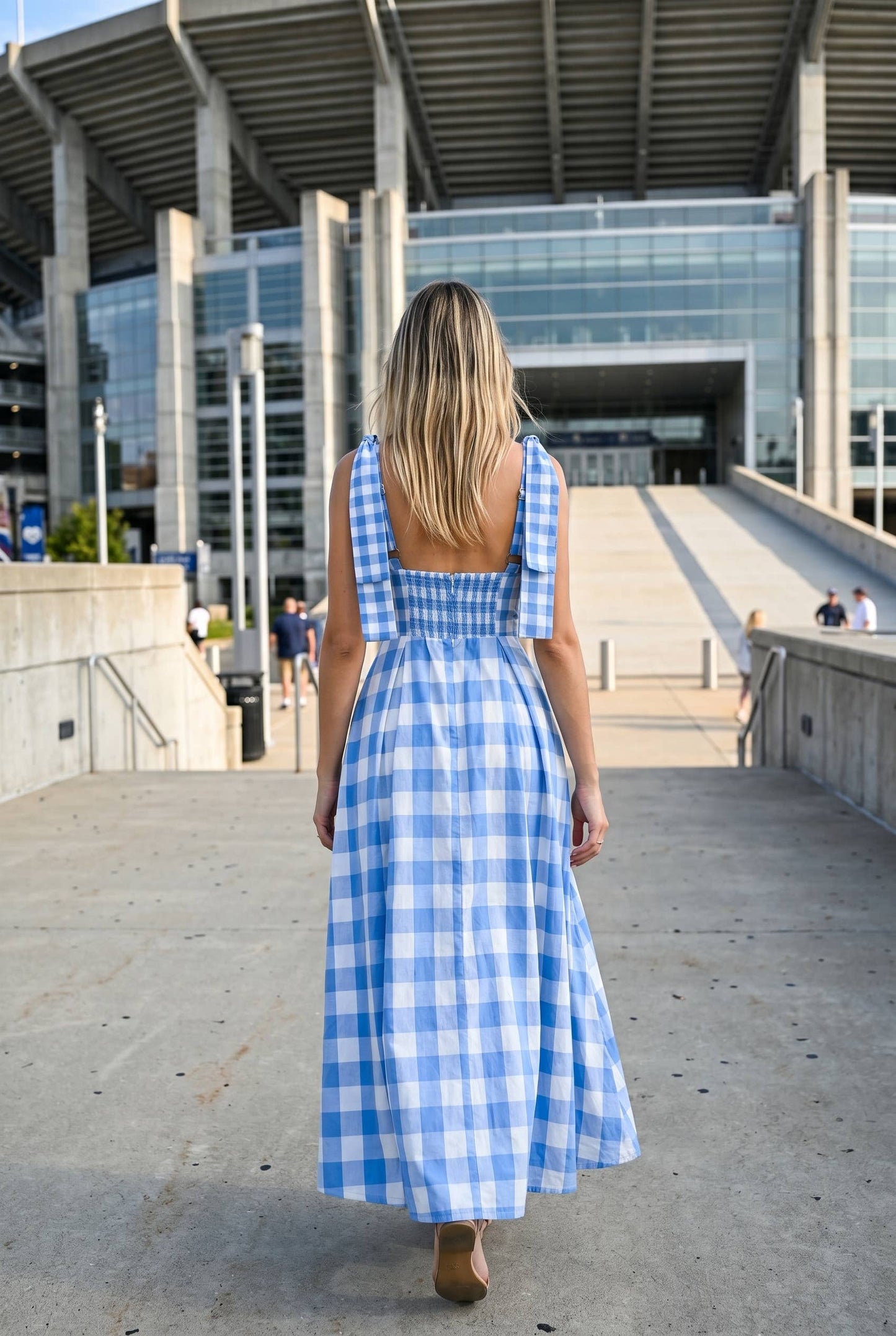 Check Pattern Tie Shoulder Maxi Dress