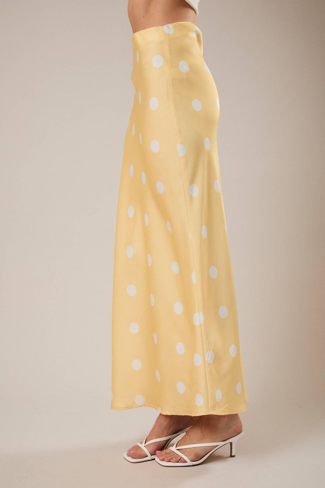 Polka Dot Satin Elastic Waist Midi Skirt