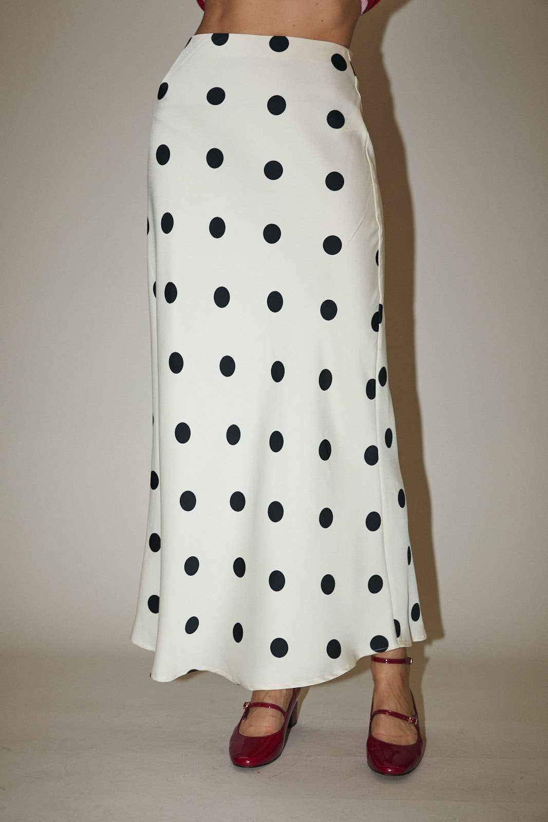 Polka Dot Satin Elastic Waist Midi Skirt