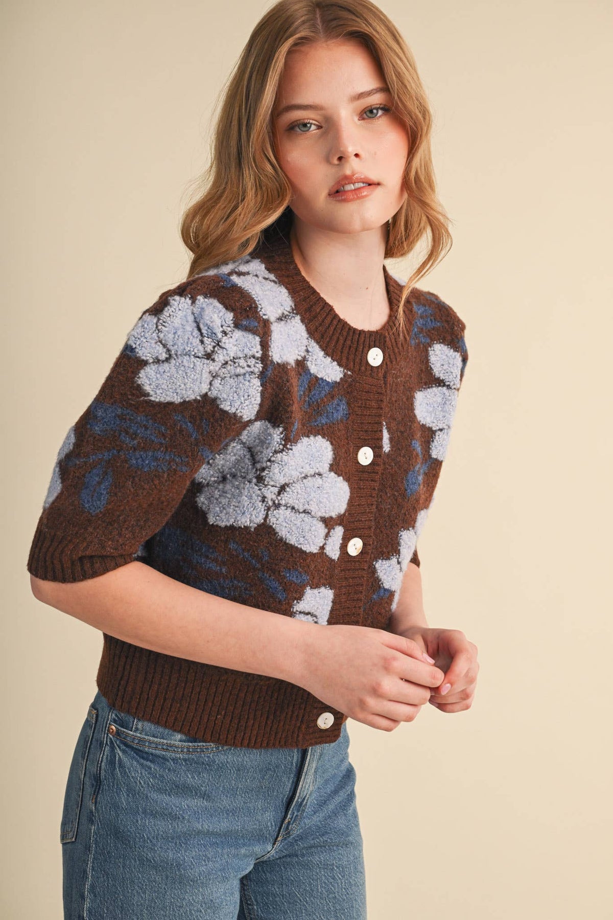 FLORAL KNIT SHORT PUFF SLEEVE SWEATER CARDIGAN MSW11393