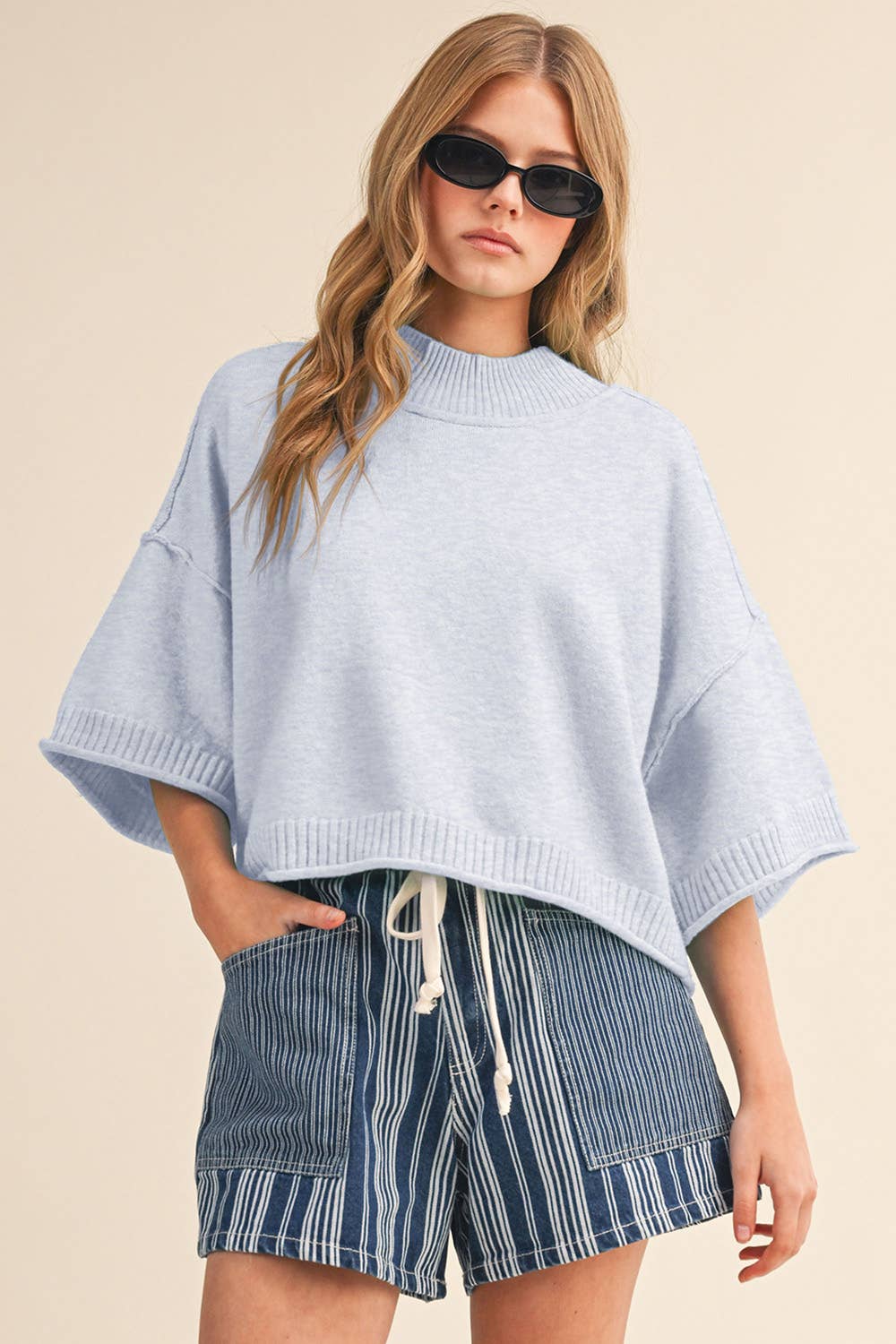 MARLED KNIT MOCK NECK SHORT SLEEVE SWEATER MSW11178
