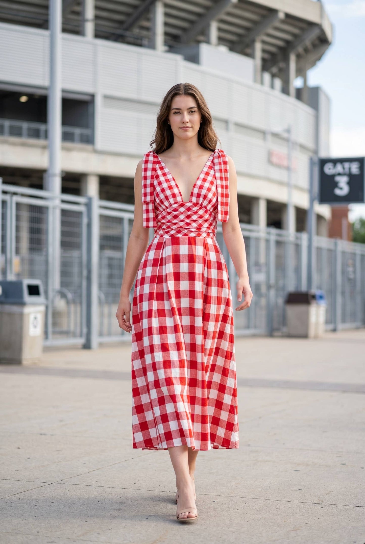 Check Pattern Tie Shoulder Maxi Dress