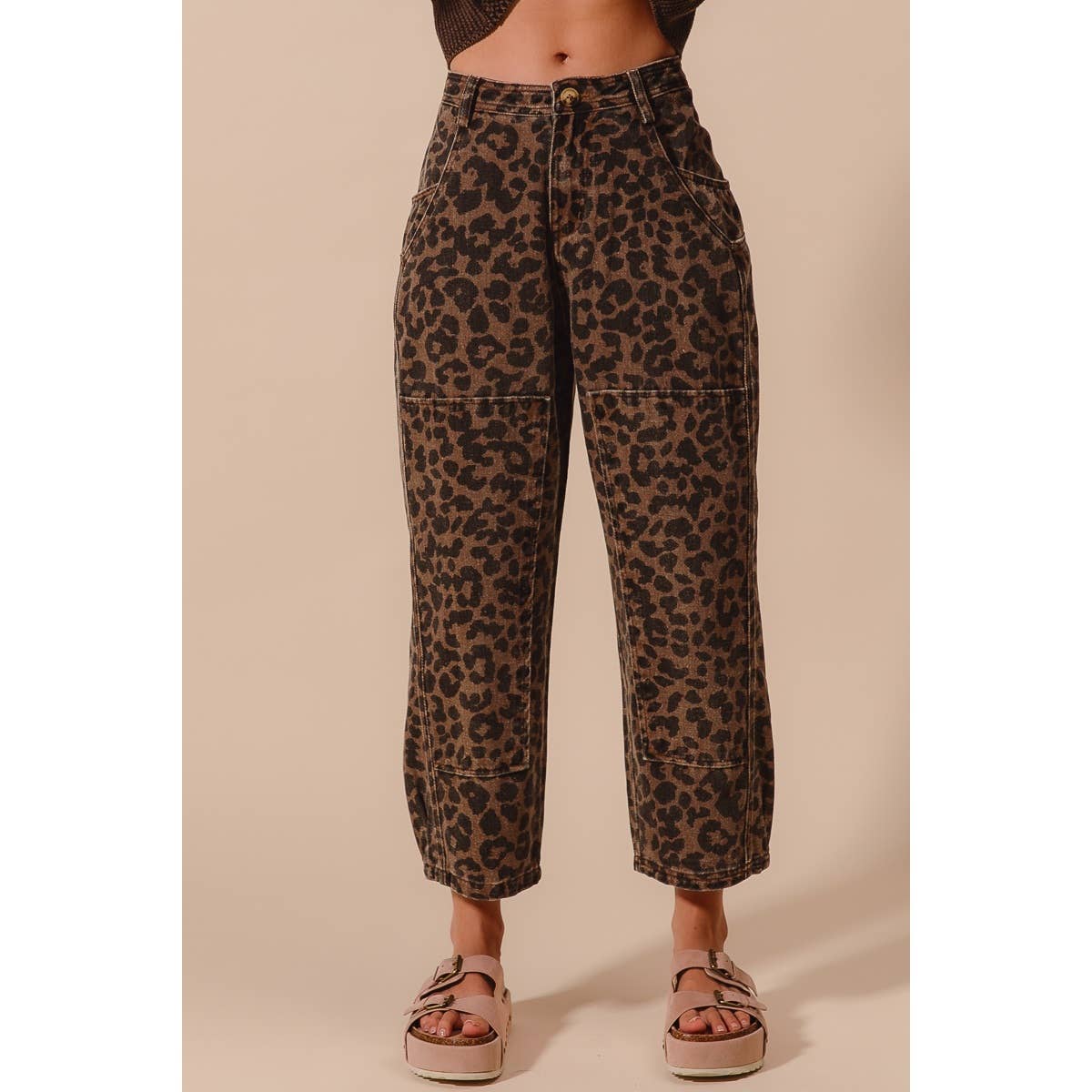 TWO TONED LEOPARD PRINT TWILL MID RISE WIDE PANTS