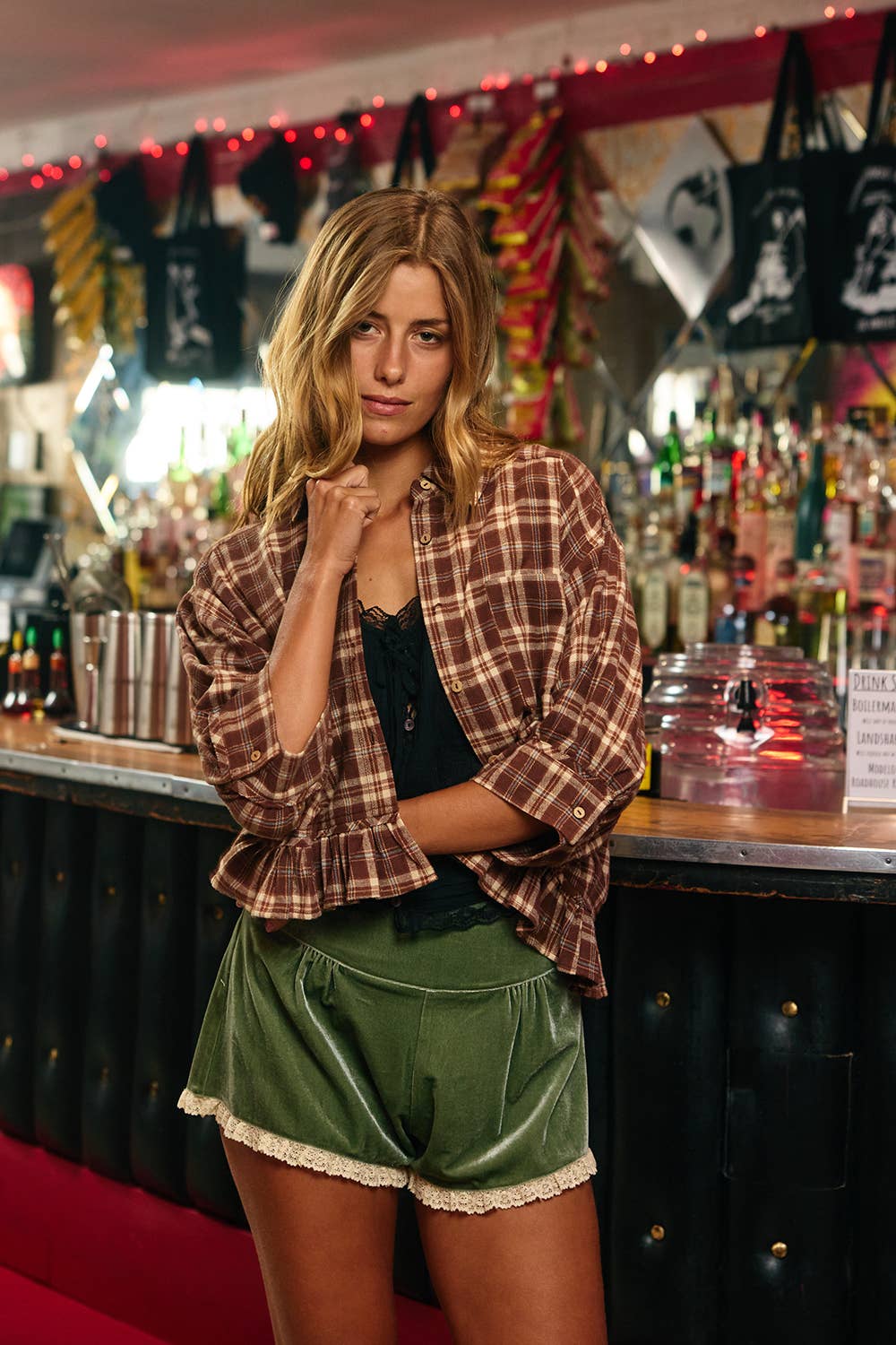 IT2444D Check Print Ruffle Hemline Shirt Top