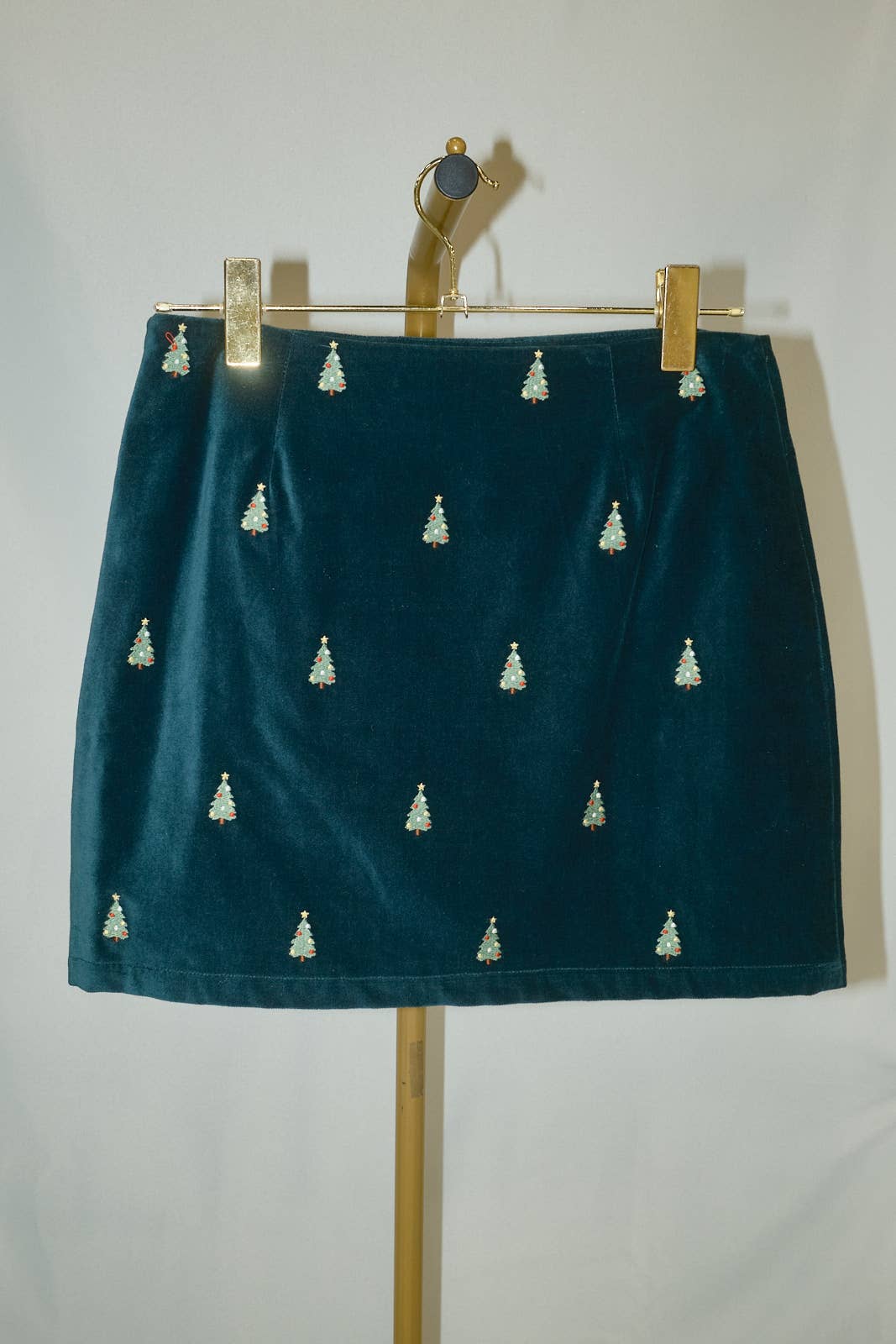 Christmas Tree Embroidered Velvet Mini Skirt
