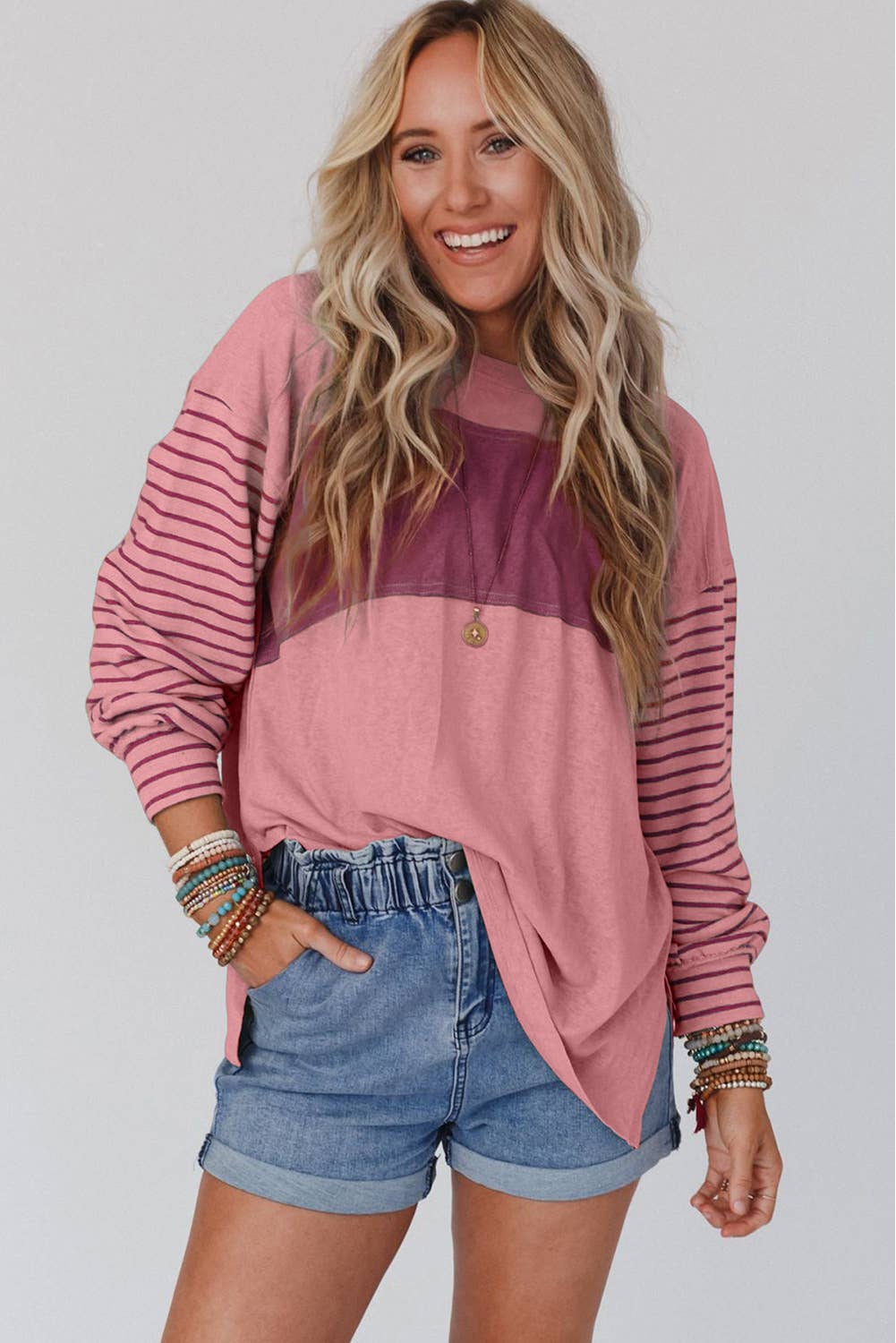 Multicolor Clashing Stripe Bishop Sleeve Top