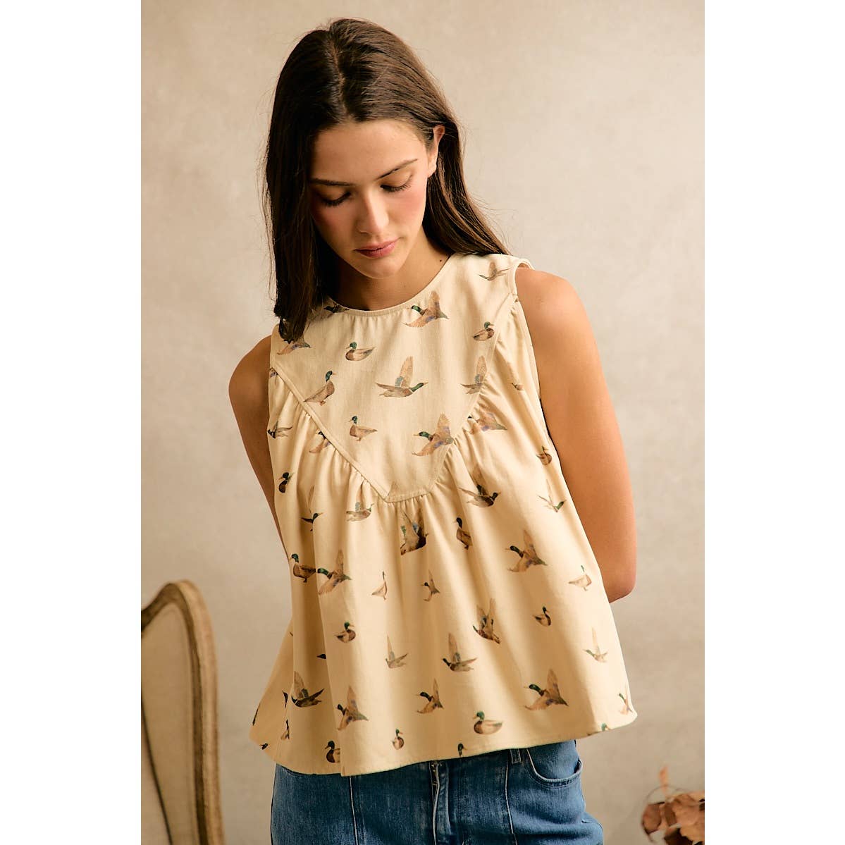 MALLARD DUCK PRINT COTTON TWILL WASH SHIRRED TANK TOP