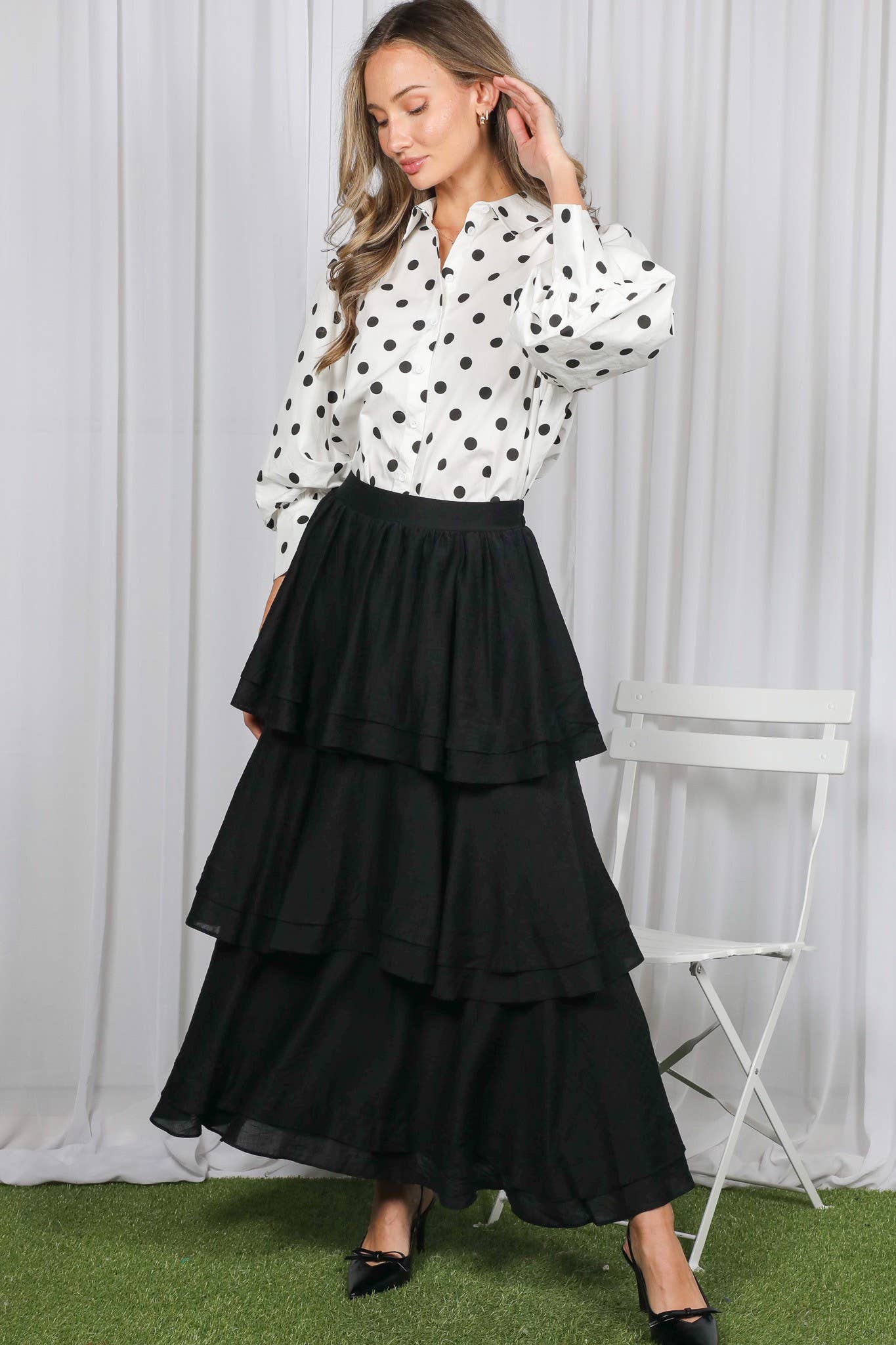 Playful Polka Dot 100%Cotton Puff Sleeve Shirt Top VT83244A
