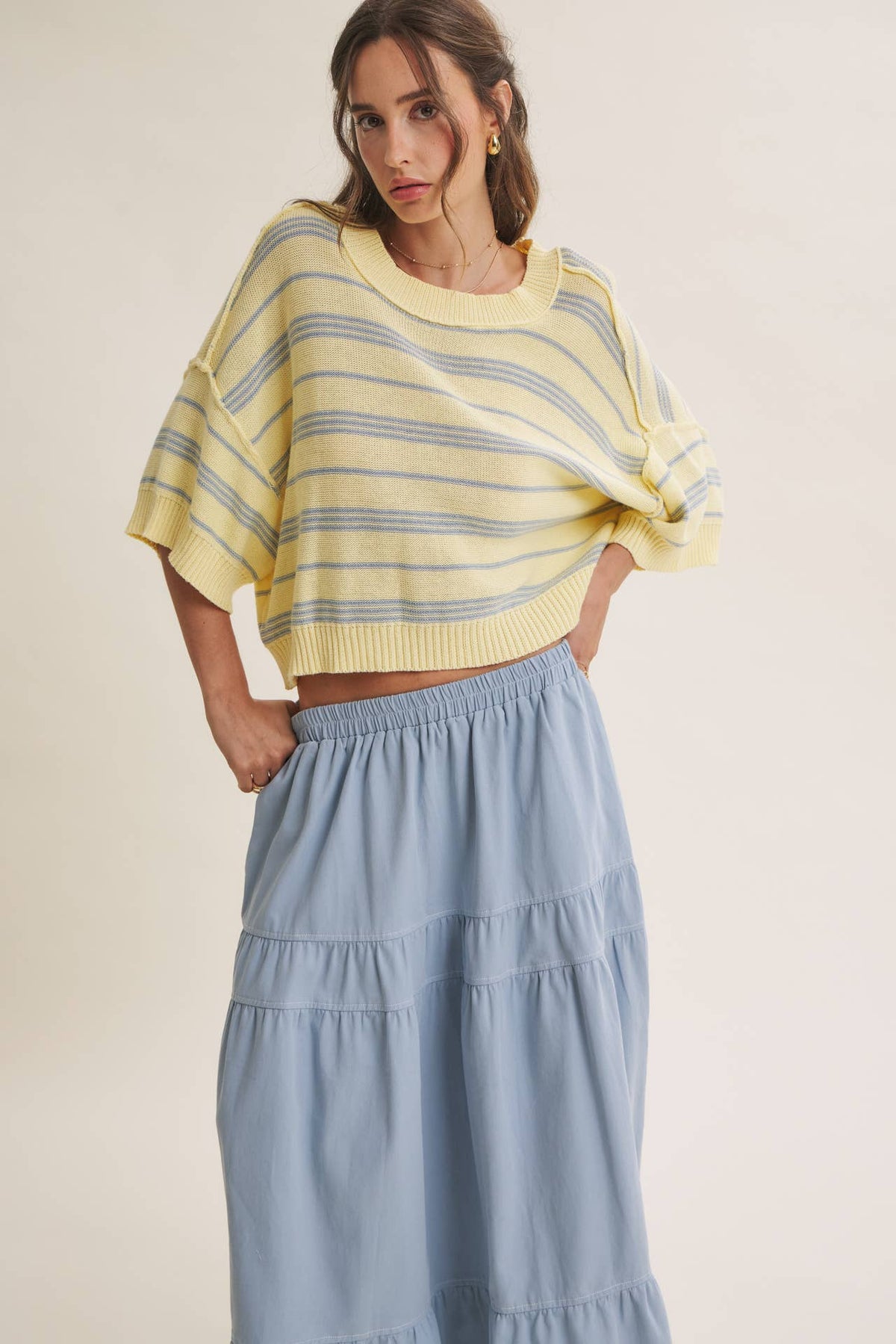 SUNLIT BOARDWALK LINEN COTTON BOXY STRIPE SWEATER